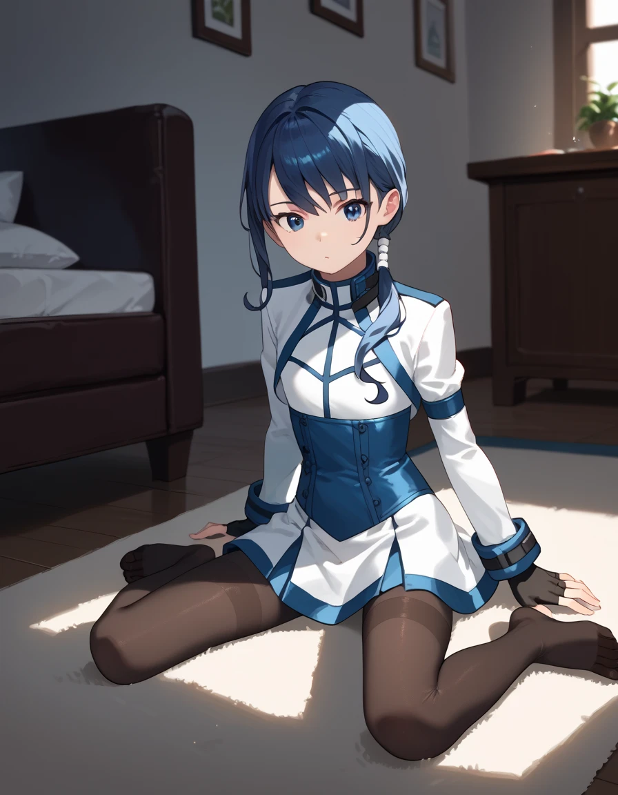 score_9, score_8_up, score_7_up, score_6_up, score_5_up, score_4_up, source_anime, flat chest, aamerry, long hair, low ponytail, blue hair, blue eyes, white short dress, long sleeves, fingerless gloves, black gloves, underbust, black pantyhose, on floor, indoors, :o, carpet, white lace panties, Stretch leg, sitting,