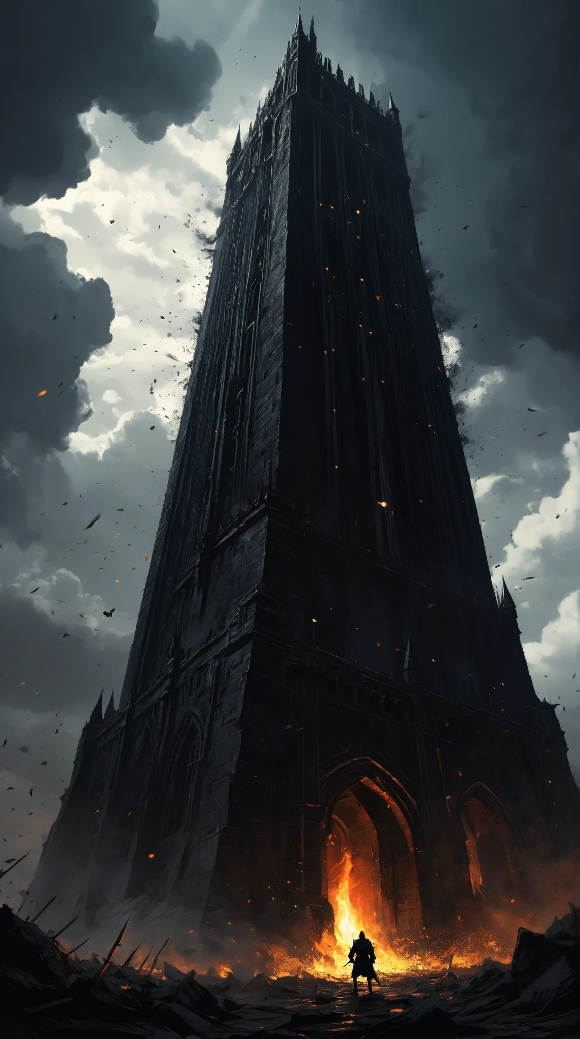 scenery picture in style (concept art:1.3) of a (gigantic black tower :1.3) with fire windows and doors, a small (silhouette:1.3) low-angle from-behind of a (knight:1.3), illustration, (splash art), wallpaper, {style of Benedick Bana|style of Christopher Balaskas|style of Noah Bradley}, burning the ground, senses of dread, (fantasy theme, epic vibe), set in medieval, knight final stand, (amazing background:1.3), (dramatic clouds), dark sky, (meteors fall), dramatic lighting, intricate detailed, cinematic, high-resolution image.