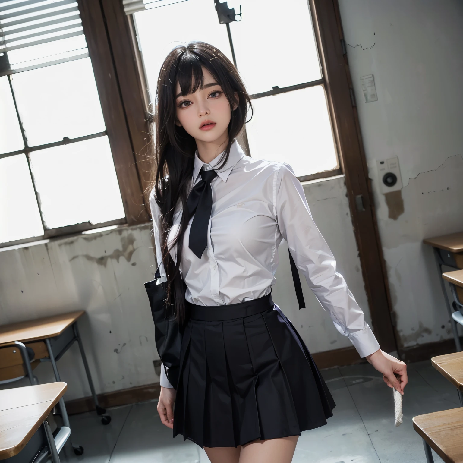 Top quality, high image, 1 woman, 18 years old, school stairs, black jacket, Medium breasts,white blouse,(plaid miniskirt), cotton panties,upskirt from below