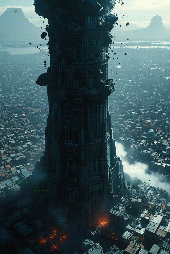 A view from the top of the Dark Tower looking down to the ground. Aerial photography by drone from 600m above the ground. A dynamic illustration. Large rocks and rubble are shown raining down towards the ground, which is crowded with buildings that appear small. The perspective emphasizes the enormous scale and power of the tower, creating a sense of vertigo and height. The overall atmosphere is dramatic and awe-inspiring.