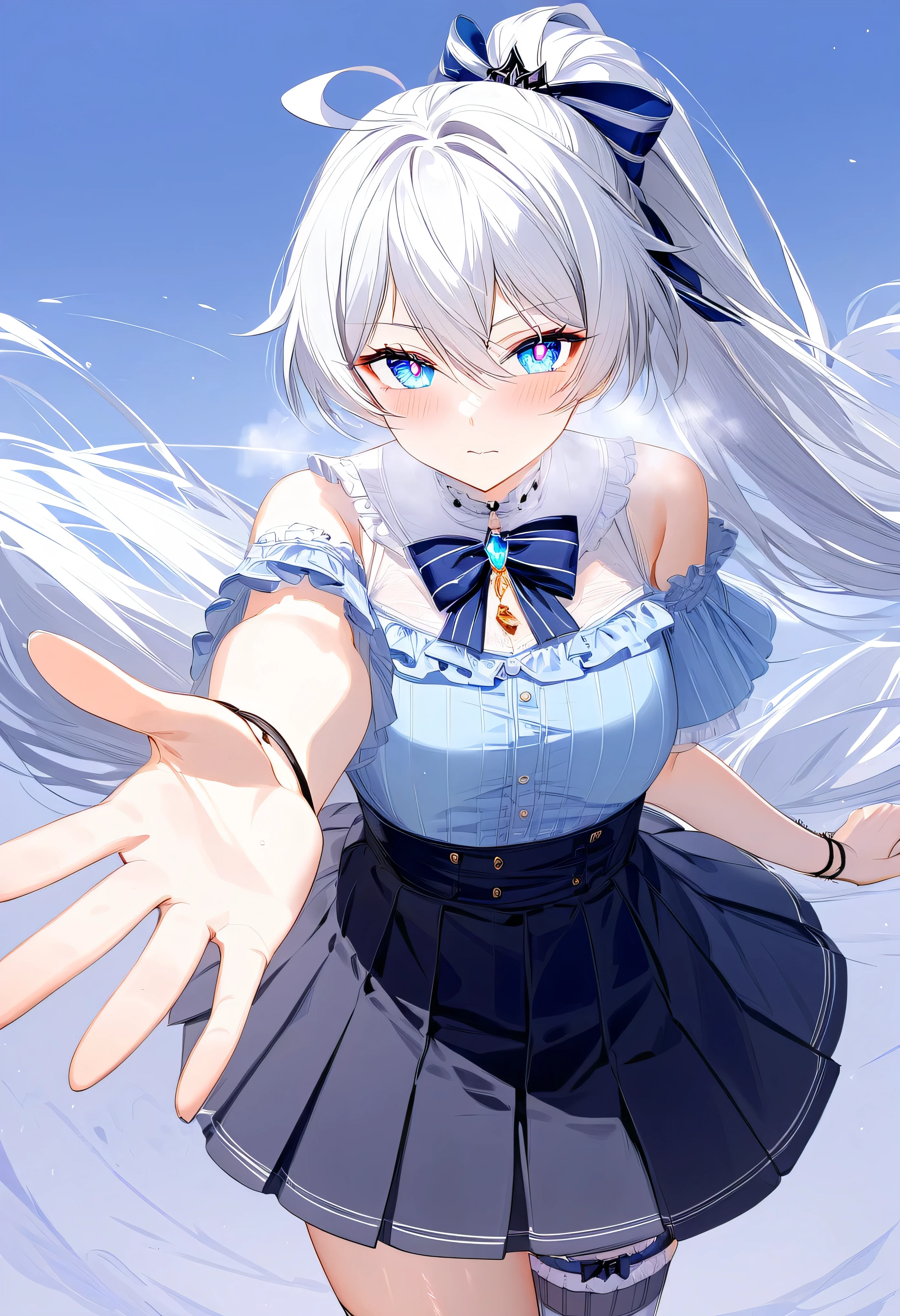 score_9, score_8_up, score_7_up, masterpiece, best quality, very aesthetic, absurdres, 1girl, adult grown woman, solo, kiana kaslana \(honkai impact 3rd\), herrscher of finality, white hair, ahoge, ponytail, long hair, blue eyes, symbol-shaped pupils, blush, closed mouth, heavy breathing, cute anime outfit, light blue ruffled blouse, navy blue ribbon bow with golden pendant, cold-shoulder sleeves, high-waisted pleated black skirt with white trim, asymmetrical white inner pleat, black thigh garter with blue crystal charm, striped blue and white thigh-high sock, detailed stitching, subtle fabric textures, matching navy hair ribbon, modern fantasy casual style, pov, reaching towards viewer, perfect eyes, perfect pupils, perfect hands, perfect fingers