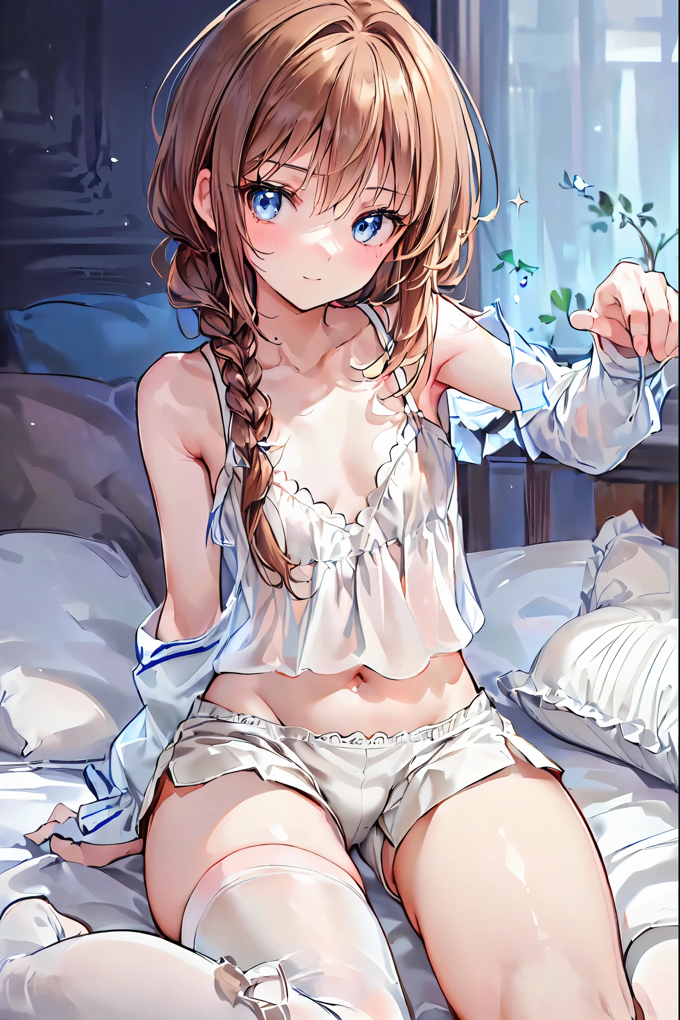   absurd,(masterpiece、  top quality、8k ),   Intricate Details  ,  very detailed bust、1 cute girl、((movie:1.4)),  Embarrassing  、(  flat chested、bulge:2.2( Brown Hair、(   white camisole ,  White Shorts 、  white knee-high socks  :1.3),  on the bed、  surrenders, Perfect Anatomy，Brown Hair，  shortcuts ，  tousled hair， short braided hair，Neat， Slender and beautiful，Correct posture， small breasts，  beautiful legs， Their enchanting gray-blue eyes shine like stars，Droopy eyes，  bright color,   beautiful eyes ,A delicate smile,textured skin,  top quality best ,   gentle and beautiful woman ,  anime style ､