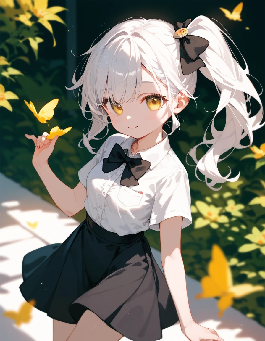  ,Long white hair, small breasts, eyes in yellow eyes,cute,cute, white long-sleeved shirt,Side ponytail ,Black bow tie ,Long Black Skirt 