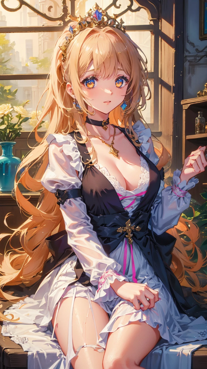 (8k, top quality, masterpiece : 1.2), Ultra-high definition ,,  Marie Antoinette  ,  super detailed face ,fine grain,  just the entrance to the basement of the castle  ,( blonde alone ),  long hair,  wavy hair  , break,Rococo Ruffle Dress,Long sleeve dress, Long skirt dress lying on a wooden boat  , Baroque Dress ,  intricate fantasy dress  , Luxurious and glamorous dress  ,  romantic dress, Ruffled Costume ,lottery, Data Style,  Formal wear, Fancy Fashion, palate colors include  pink and white,(  pink:1.5),Class A Smile, Gold Tiara ,  necklace , Sit in a fancy chair,  you have to tie your hands behind your back  ,(  rainbow light  :1.4),,  the side face of a person looking out of the window  ,  a rosebush is reflected in the window  ,(Inside Victoria Palace)、Her eyes are shining、 now her blonde alone's hair extends to her waist 、Rose-colored gradation and three, 薄い  pinkのロック. 彼女は花柄の装飾が施された Gold Tiara を着用し、 Matching earrings  , white flower choker. 彼女は金色のボタンで縁取られたフリル付きの白いストライプの  pinkのトップを着ている,  The white sleeves are in the shape of a bud  ..  dress with magenta ribbon flowing out of her chest  ..、 At the back of her neck  、Matching chest piece, Decorated with flowers.  Her ruffled skirt is divided by a white line  ,  Fastened with a large magenta ribbon  、Decorated with gold,  There is a small ribbon on the back  . Her mini skirt、薄い  pinkのマゼンタの貝殻状の裏地と白い花のペチコートでできている. 彼女は  pinkの花がついた白い手袋も着用している, 白と薄い  pinkの靴には、ゆるいカフとDecorated with flowersたマゼンタのリボンがある.
