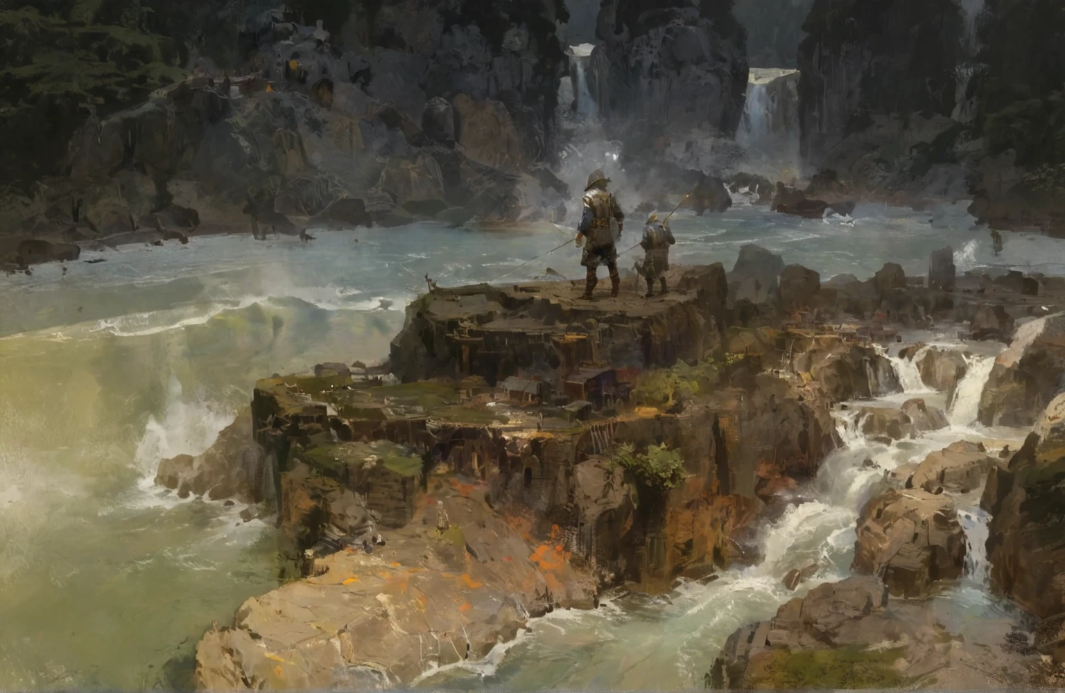  crmu, beautiful painting of a small fishing village nestled beneath towering cliffs, rolling waves reflecting soft amber sunlight, wooden boats resting near a crumbling dock, moody painting by Wilhelm Trübner, by Rudolf von Alt, by Vasily Polenov, john sargent, james gurney and andreas rocha, painterly concept art, ismail inceoglu and ruan jia, craig mullins greg rutkowski, inspired by Jakub Rozalski, award-winning concept art, fantasy concept painting, dramatic concept art, concept art painting, concept art for a video game