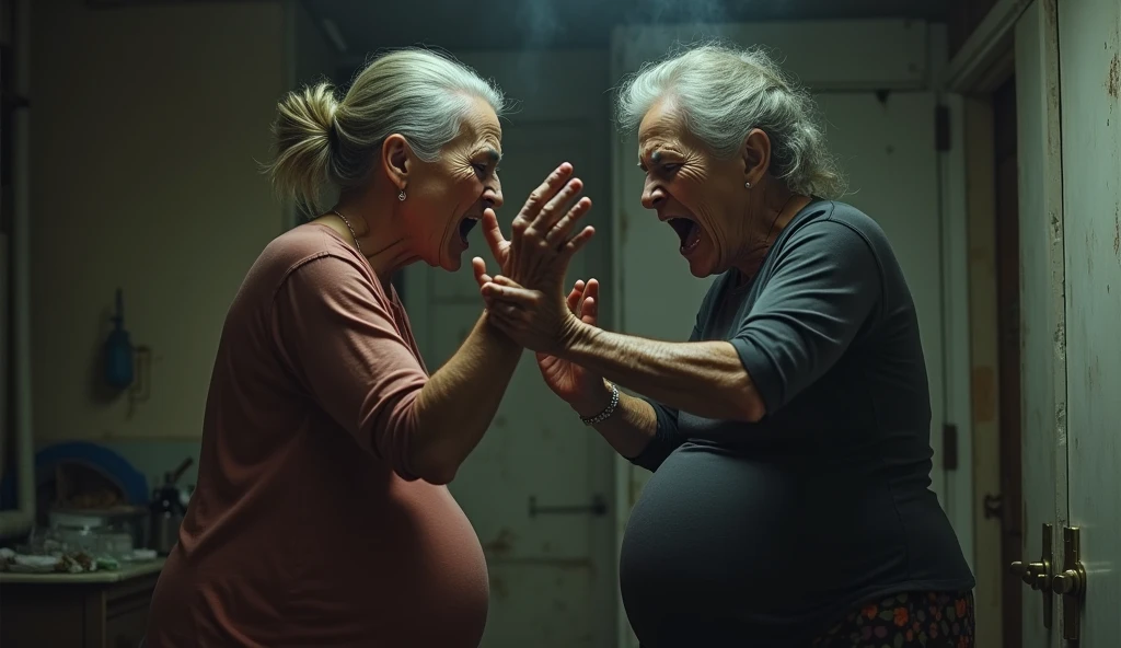 Create a photo of a 20 year old young woman, with a slender and beautiful body, wearing a white tank top and gray sweatpants, with white and clear skin, with long light brown hair, scared as she is being brutally dragged across the floor by her hair by a nervous 90 year old elderly lady, obese, dark black skinned, who wears glasses and a blue dress 