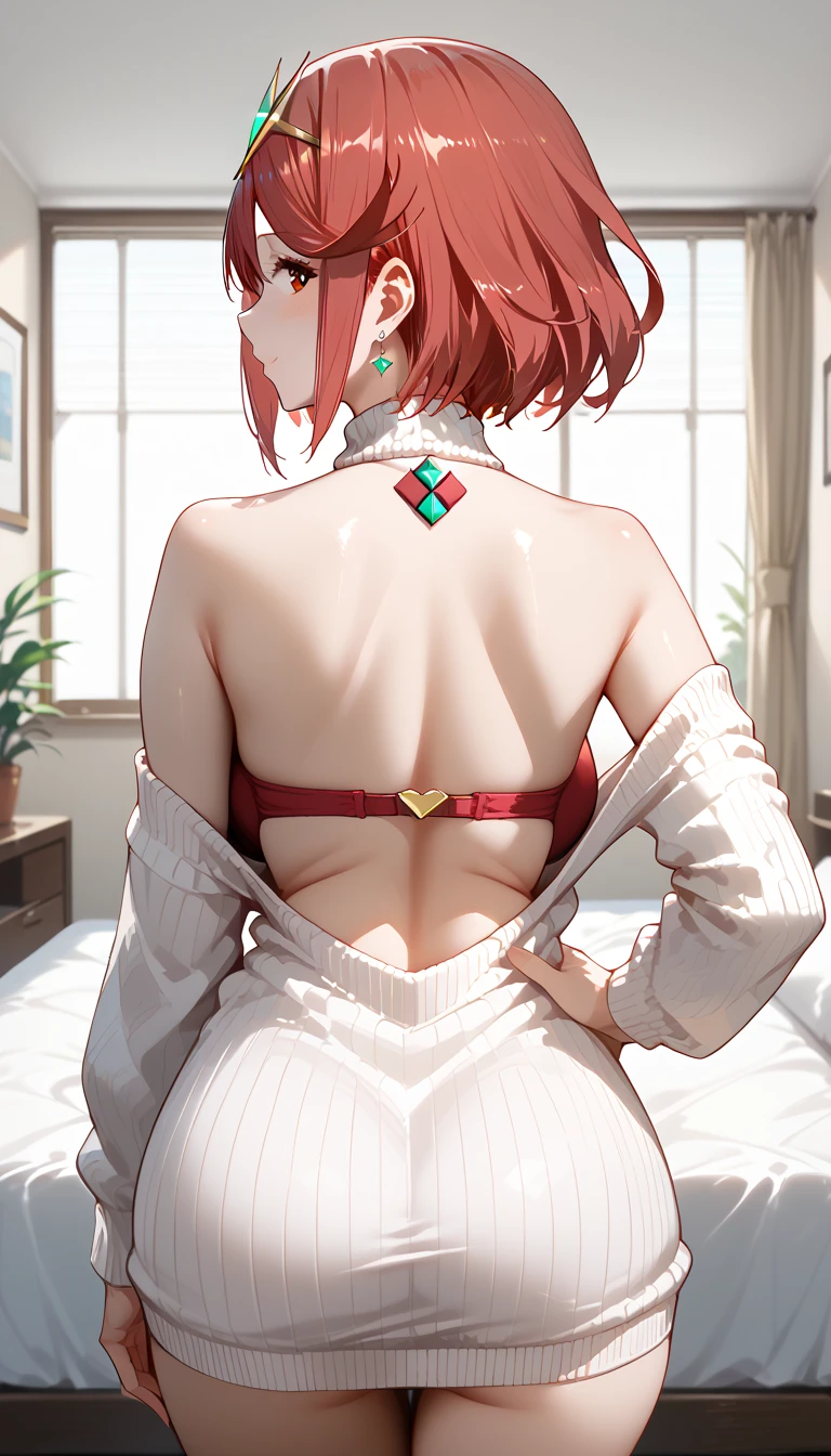 pyra \(xenoblade\), 1girl, red hair, short hair, swept bangs, bob cut, red eyes, source_anime, masterpiece,best quality, huge breasts, flash gyaru, 1girl, solo, (white sweater), from_behind, dress, looking_at_viewer, sidelocks, looking_back, bare_shoulders, back_cutout, back,, sweater_dress, off_shoulder, clothing_cutout, long_sleeves, off-shoulder_sweater, back_focus, bed room, hand on hip