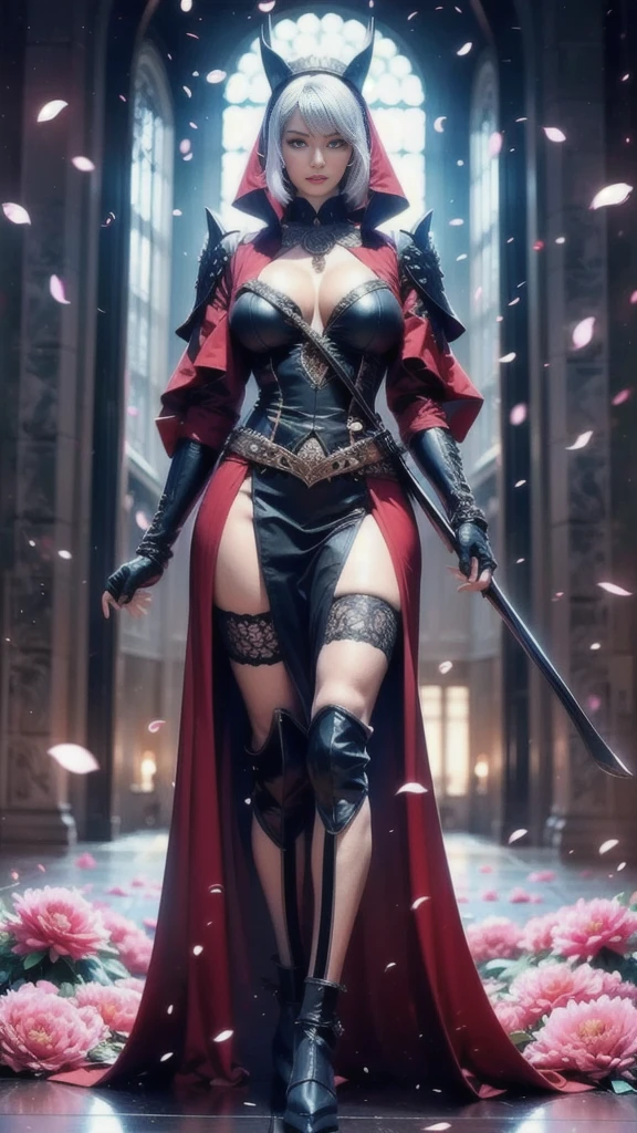 Red Riding Hood, big breasts, frontal, full-length, looking at the camera, facing the audience, standing pose, werewolves in the background, three-dimensional light, detailed full-body concept, sleek digital concept art, beautiful full-body concept art, art trend, CGsociety full-length,