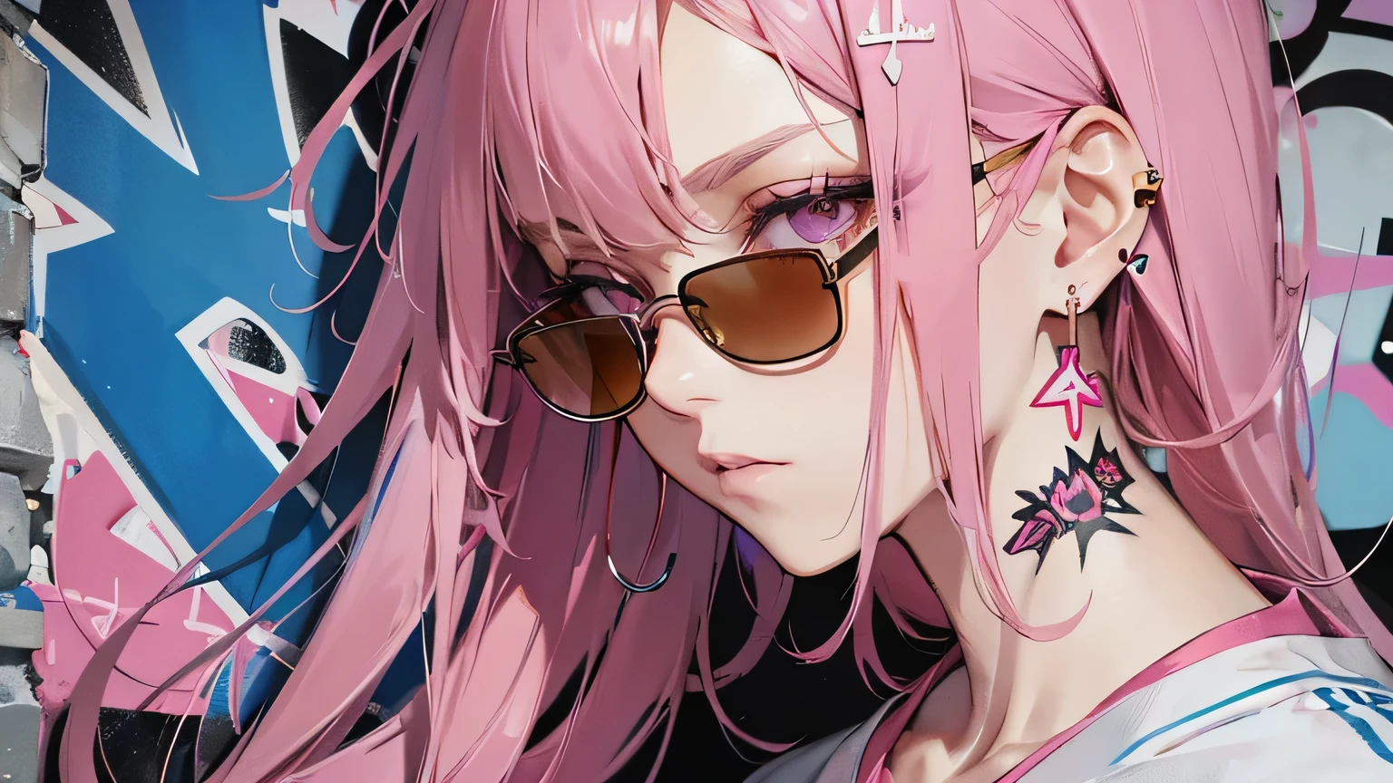 Anime girl with pink hair and sunglasses standing in front of a ...