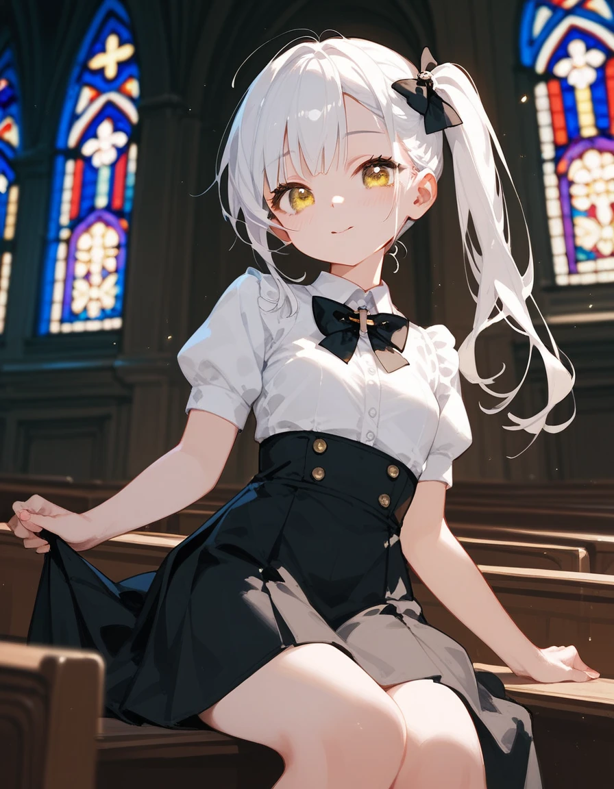  ,Long white hair, small breasts, eyes in yellow eyes,cute,cute, white long-sleeved shirt,Side ponytail ,Black bow tie ,Long Black Skirt ,In the church