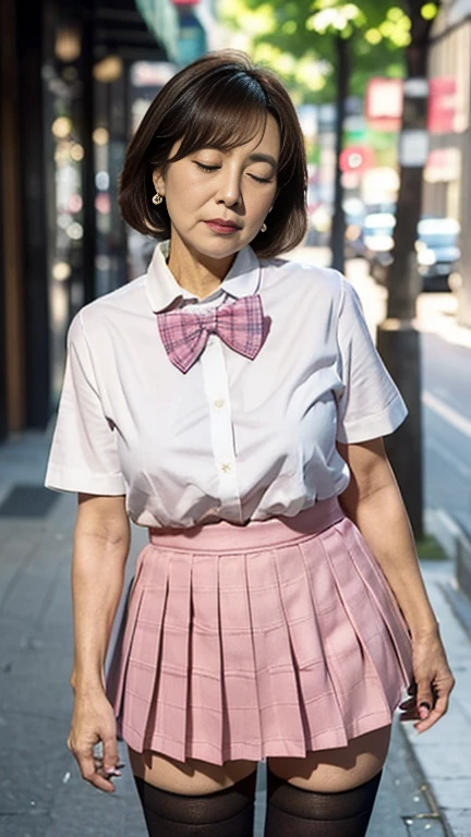 full body shot, from below,  Japanese woman with a viewing angle of, Wife, (78 years old:1.6),  detailed face , Facial wrinkles, Wrinkles around the eyes, (face waiting for kiss, closed eyes:1.3),  detailed skin texture,  white skin,  heavy makeup ,  long hair, curvy body, (earrings, school uniform, short sleeve shirt, summer style with light fabric, bow tie, pink mini skirt, plaid pleated mini skirt:1.2), (black thighhighs,  wearing high heels:1.2), (Standing on the sidewalk,  photograph the whole body from toe to head:1.2), (surrealism, best quality, ultra detailed, absolutely resolution, 8k, anatomically correct), depth of field, looking at viewer, tachi-e, (gal.safetensors), (bimajo ), full body, I'm waiting for a kiss with my eyes closed, Shoot from the front, throw
