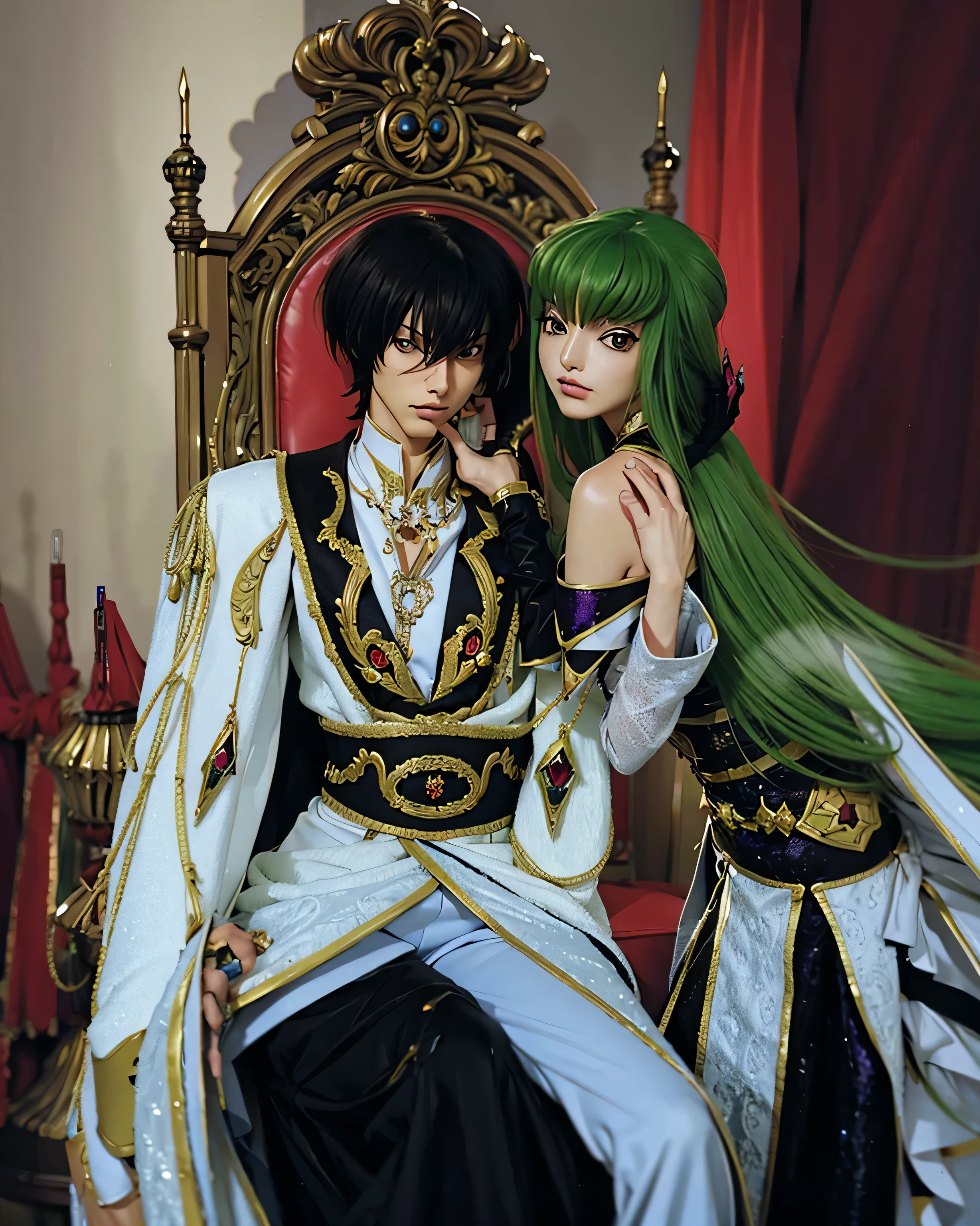 (LELOUCH AND C.C EMPEROR_CODE GEASS),((realistic, photorealistic)),(highlight hair)), Light reflection, (( HD )),((upper body)), (((best quality, masterpiece))), (masterpiece) (best quality) (detail) (8k) (HDR) (wallpaper) (cinematic lighting) (sharp focuasterpiece, best quality: 1.1), Real life adaption of this character, realistic outfit, realistic shadow, realistic light, realism, hyper realistic, realistic background,realistic hair,(photorealistic:1.2), (masterpiece: 1.2), (best quality: 1.3), (clear details: 1.3), ((((ultra-detailed)))), ((detailed eyes)), (extremely detailed face:1.4), (highly detailed eyelash:1.6),
(Masterpiece, Best quality, best shadow), (detailed background),(masterpiece, best quality:1.2), lelouch lamperouge, Two people in one picture,, holding mask, looking at viewer, standing, short hair, purple eyes, geass black cape, black gloves, brown hair, cape, formal, gloves, high collar, long sleeves, mask, pants, purple footwear, purple pants, purple suit, suit, professional lightning, spotlight,  core_9, score_8_up, score_7_up, score_6_up, score_5_up, score_4_up, BREAK source_anime, c.c., yellow eyes, green hair, long hair,medium breasts, white bodysuit, straitjacket, white long sleeves, white wide sleeves, standing,Red curtain background, royal chair, sitting on a chair, black and white floor,Bright red, realistic hair,