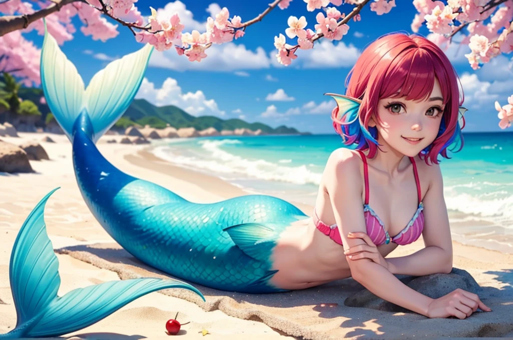 An anime girl in a bikini on a beach submerged in the water, observing a beautiful goldfish