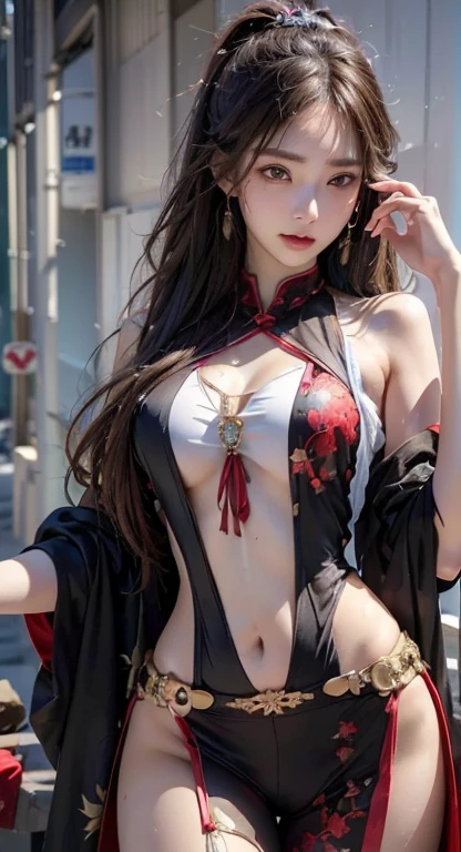 ((jiangshi posing beautiful girl)), pretty girl, Slender body line, Small and slender figure, Beautiful breasts, Ofuda, ((Detailed eyes and face:1.2, Professional photography techniques, Cinema Lighting)), (Detailed hands), (Photorealism), (Highest quality, 8K, masterpiece:1.2, RAW Photos)