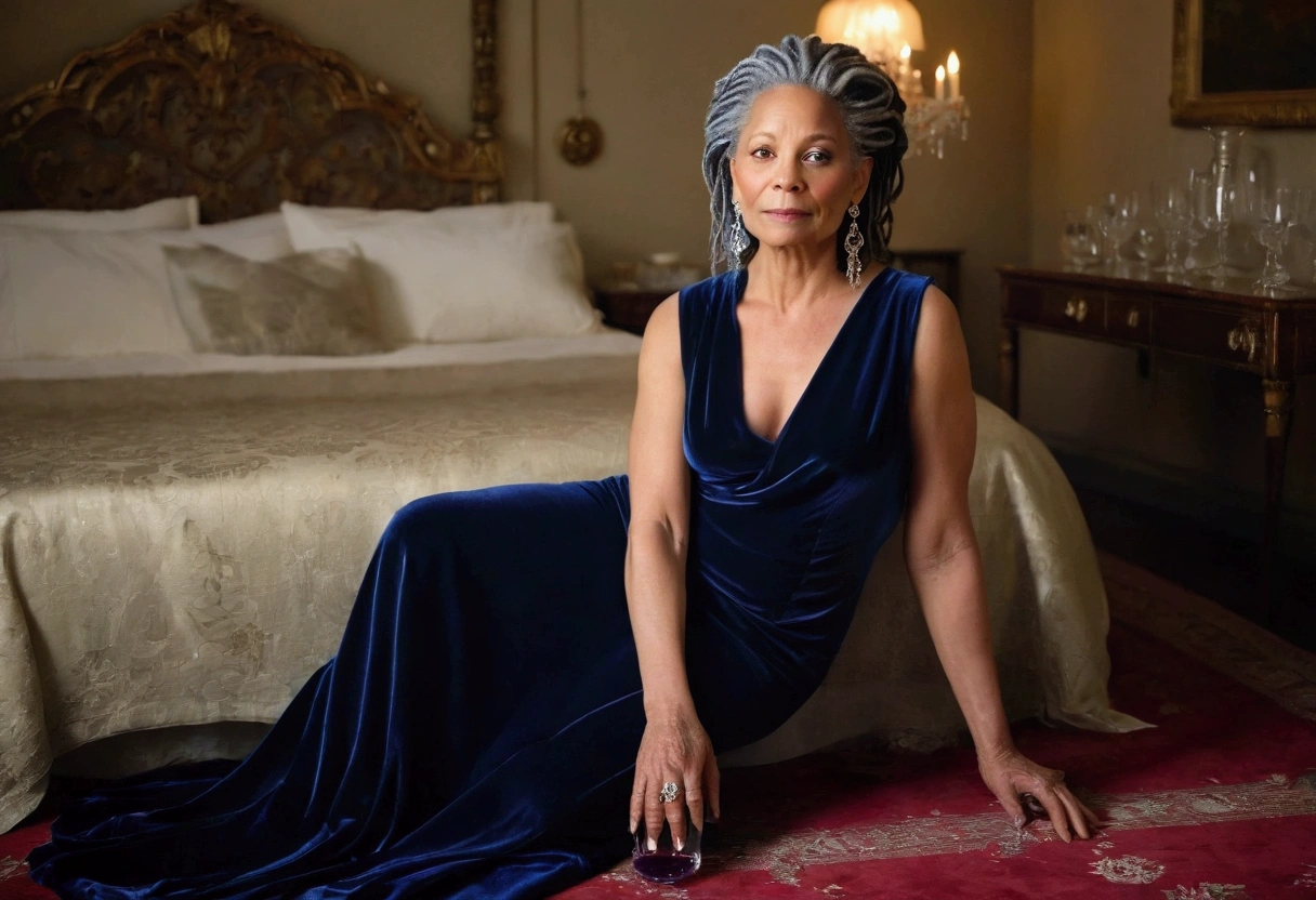  mature chubby woman in her late 50s with deep mahogany skin and striking gray dreadlocks styled in an elegant updo sits on the edge of a bed draped in navy satin sheets. She wears a midnight blue velvet slip dress with a plunging neckline and delicate lace detailing at the hem. The room is softly lit by a crystal chandelier, creating reflections on the floor and highlighting the shimmer in the velvet fabric. Her posture is regal, with one leg crossed over the other, and she holds a crystal glass of red wine. Her eyes glimmer with wisdom and allure, and a single tear-shaped diamond earring catches the light.