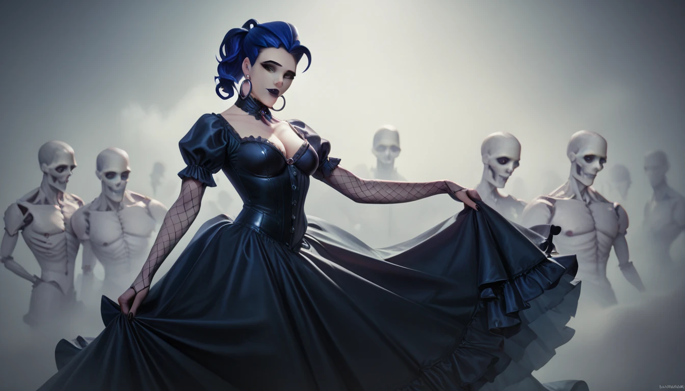 Amalia () from Overwatch  ,  with blue hair ,   realistic,   high quality photo, detail ,   masterpiece fails , ,  flashlight, in tight clothes, wearing a black Gothic dress from the Victorian era, against the background of skeletons,  fog  