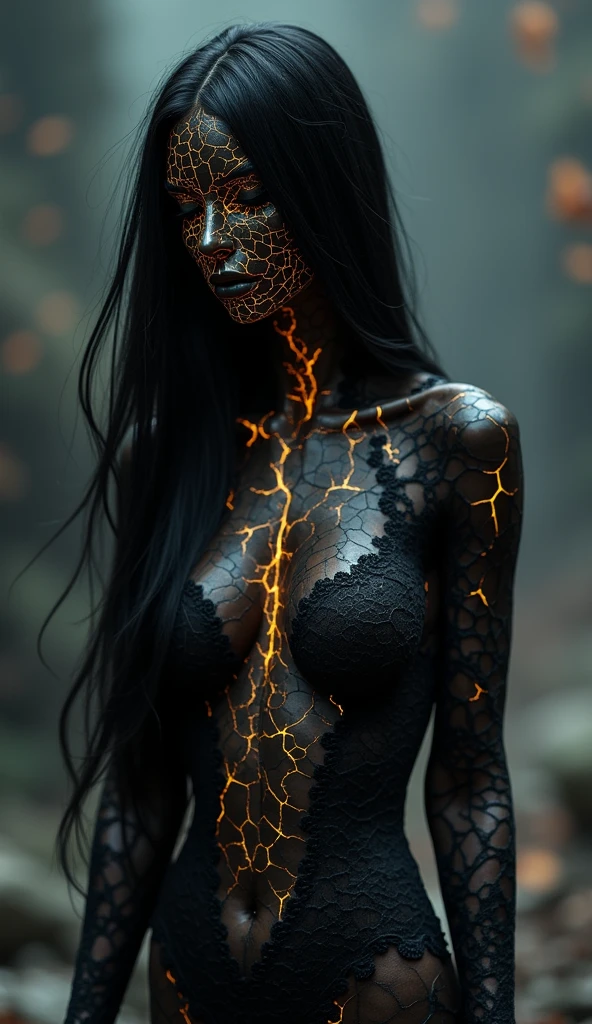 Create an image of a female werewolf, black hair, fox head, yellow-orange eyes, thin body, a glowing orange magic symbol-like circle on the chest, long sharp nails, black energy in the middle of the back, in a dark horse barn.