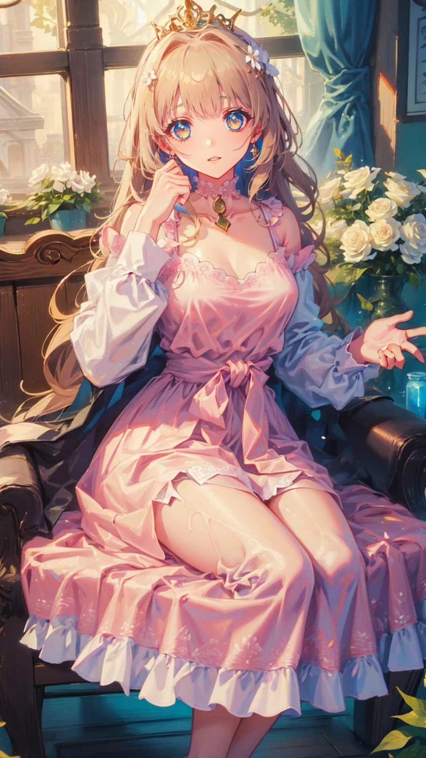 (8k, top quality, masterpiece : 1.2), Ultra-high definition ,,  Marie Antoinette  ,  super detailed face ,fine grain,  just the entrance to the basement of the castle  ,( blonde alone ),  long hair,  wavy hair  , break,Rococo Ruffle Dress,Long sleeve dress, Long skirt dress lying on a wooden boat  , Baroque Dress ,  intricate fantasy dress  , Luxurious and glamorous dress  ,  romantic dress, Ruffled Costume ,lottery, Data Style,  Formal wear, Fancy Fashion, palate colors include  pink and white,(  pink:1.5),Class A Smile, Gold Tiara ,  necklace , Sit in a fancy chair,  you have to tie your hands behind your back  ,(  rainbow light  :1.4),,  the side face of a person looking out of the window  ,  a rosebush is reflected in the window  ,(Inside Victoria Palace)、Her eyes are shining、 now her blonde alone's hair extends to her waist 、Rose-colored gradation and three, 薄い  pinkのロック. 彼女は花柄の装飾が施された Gold Tiara を着用し、 Matching earrings  , white flower choker. 彼女は金色のボタンで縁取られたフリル付きの白いストライプの  pinkのトップを着ている,  The white sleeves are in the shape of a bud  ..  dress with magenta ribbon flowing out of her chest  ..、 At the back of her neck  、Matching chest piece, Decorated with flowers.  Her ruffled skirt is divided by a white line  ,  Fastened with a large magenta ribbon  、Decorated with gold,  There is a small ribbon on the back  . Her mini skirt、薄い  pinkのマゼンタの貝殻状の裏地と白い花のペチコートでできている. 彼女は  pinkの花がついた白い手袋も着用している, 白と薄い  pinkの靴には、ゆるいカフとDecorated with flowersたマゼンタのリボンがある.
