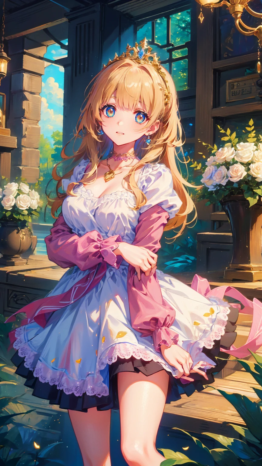 (8k, top quality, masterpiece : 1.2), Ultra-high definition ,,  Marie Antoinette  ,  super detailed face ,fine grain,  just the entrance to the basement of the castle  ,( blonde alone ),  long hair,  wavy hair  , break,Rococo Ruffle Dress,Long sleeve dress, Long skirt dress lying on a wooden boat  , Baroque Dress ,  intricate fantasy dress  , Luxurious and glamorous dress  ,  romantic dress, Ruffled Costume ,lottery, Data Style,  Formal wear, Fancy Fashion, palate colors include  pink and white,(  pink:1.5),Class A Smile, Gold Tiara ,  necklace , Sit in a fancy chair,  you have to tie your hands behind your back  ,(  rainbow light  :1.4),,  the side face of a person looking out of the window  ,  a rosebush is reflected in the window  ,(Inside Victoria Palace)、Her eyes are shining、 now her blonde alone's hair extends to her waist 、Rose-colored gradation and three, 薄い  pinkのロック. 彼女は花柄の装飾が施された Gold Tiara を着用し、 Matching earrings  , white flower choker. 彼女は金色のボタンで縁取られたフリル付きの白いストライプの  pinkのトップを着ている,  The white sleeves are in the shape of a bud  ..  dress with magenta ribbon flowing out of her chest  ..、 At the back of her neck  、Matching chest piece, Decorated with flowers.  Her ruffled skirt is divided by a white line  ,  Fastened with a large magenta ribbon  、Decorated with gold,  There is a small ribbon on the back  . Her mini skirt、薄い  pinkのマゼンタの貝殻状の裏地と白い花のペチコートでできている. 彼女は  pinkの花がついた白い手袋も着用している, 白と薄い  pinkの靴には、ゆるいカフとDecorated with flowersたマゼンタのリボンがある.
