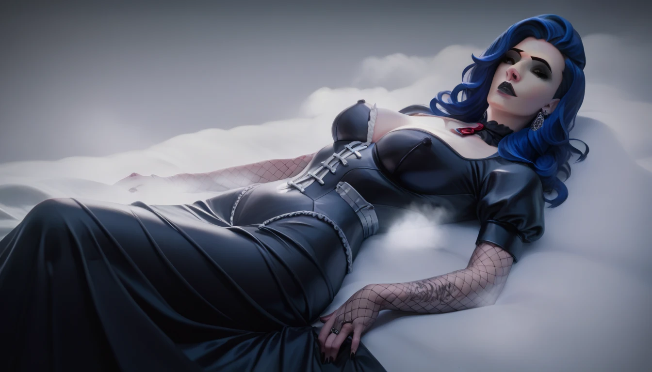 Amalia (widow) from Overwatch  ,  with blue hair ,   realistic,   high quality photo, detail ,   masterpiece fails , ,  flashlight, in tight clothes, wearing a black Gothic dress from the Victorian era, against the background of skeletons,  fog  