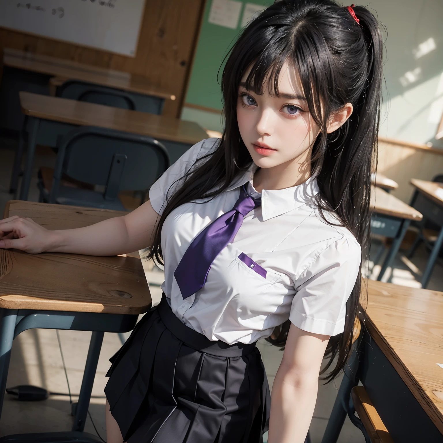 (Cowboy Shot)、alone, hair ornaments, cardigan, Twin tails, Purple Hair, Black bow tie, Sitting,desire,compelling glances,Hyperrealism, Original Creation, High quality 8K backgrounds, Intricately etched, Visually stunning, aesthetic wonder, Perfect excellence, The intense ambiguity, Calm colors、(Very long hair)、Beautiful woman in braids,(school uniform)、Plain Shirt、Shirt with emblem on chest, Pleated skirt、(((weak)))、((Delicate painting)),(Detailed RAW photos of girls), (Highest quality:1.6), (Ultra-high resolution:1.5), (Realistic:1.75), 8K resolution, Canon EOS R5, 50mm, Absurd, Very detailed,Cinema Lighting,((Spread your legs))、((Panties are visible through the gap in the skirt))、((defenseless))、(cute printed panties)、(school bag)、Browsing Caution:0.2