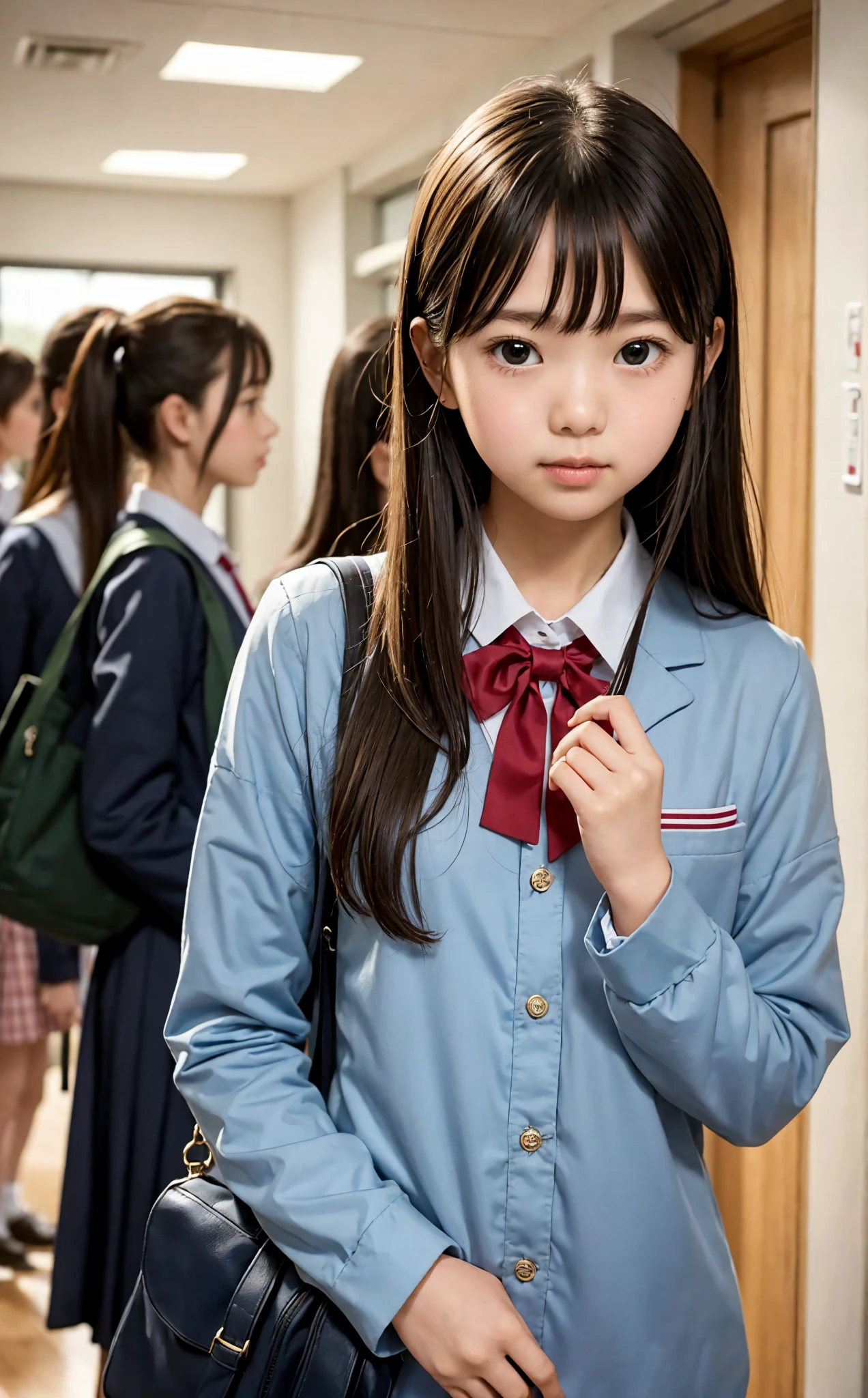  s,uniform,Line up quietly before entering the classroom, girl,cute, Masterpiece, Details