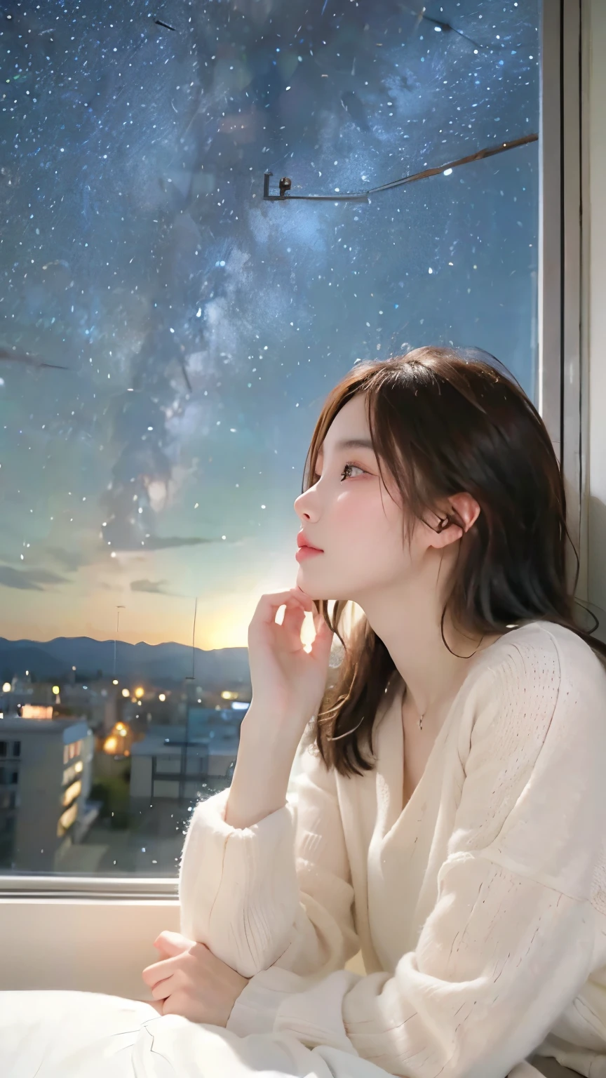 A girl with earphones looking out her bedroom window looking at the stars in the sky relaxing detailed image 