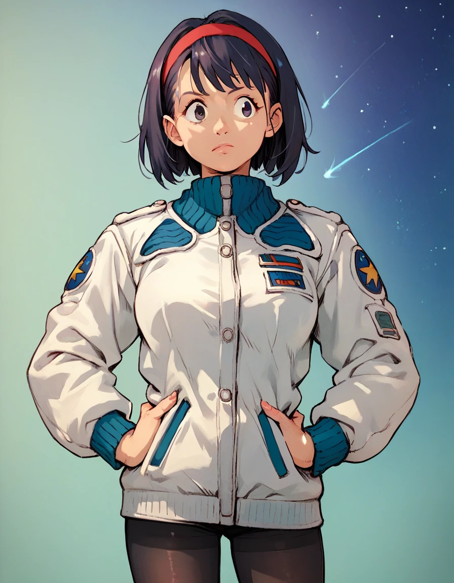 zPDXL, anime_source, 
bulmaxl, 1girl, solo,  
cowboy shot, black tights, hands on hips, red hairband, medium length hair, space jacket,
