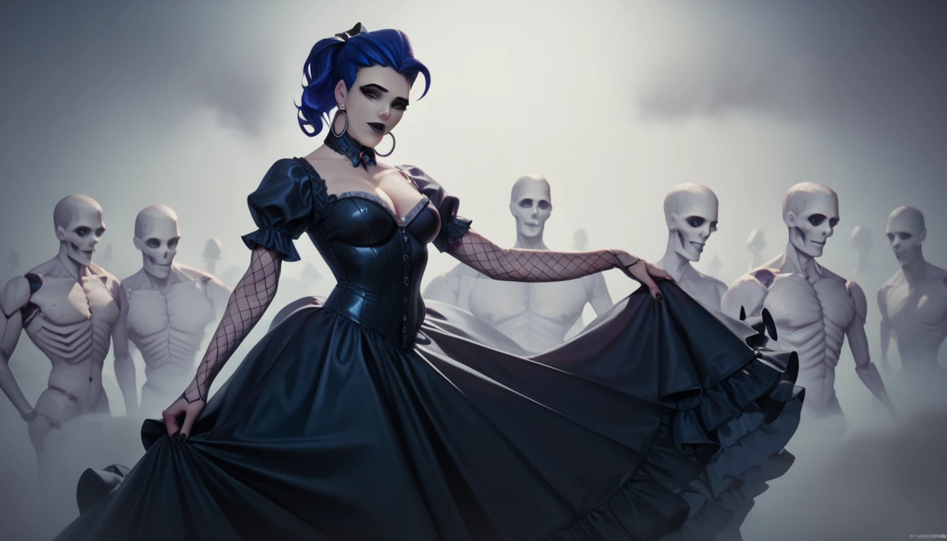 Amalia () from Overwatch  ,  with blue hair ,   realistic,   high quality photo, detail ,   masterpiece fails , ,  flashlight, in tight clothes, wearing a black Gothic dress from the Victorian era, against the background of skeletons,  fog  