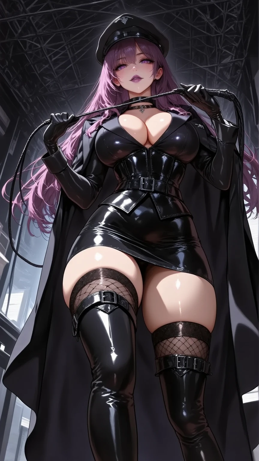  mature beautiful woman,(masterpiece, top quality, very detailed depiction, Incredibly Absurd High Definition ,Curvaceous Body,Beautiful legs,High quality skin),(Female executive of an evil organization:2.3),( Shiny Black Bondage Corset with Intricate Structures:2.0,Black Latex Tight Skirt :2.0,military hat,Military cloak,Black leather belt, leather thigh-high boots, long gloves, leather chokers , black tights),(Purple Eyes,Crazy Eyes:2.0, your eyes are half closed:2.0, big breasts, bewitching smile:2.3,Shiny purple lips,Shadowed face,Seductive gestures, holding a whip in her hand :2.0), full body image , is opening her mouth,background:Bedroom at night,Dim atmosphere, view from below