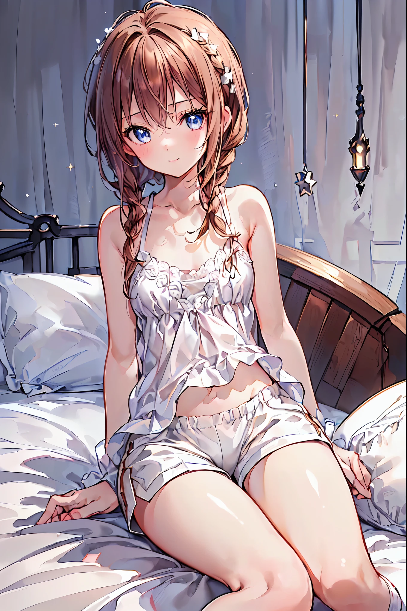   absurd,(masterpiece、  top quality、8k ),   Intricate Details  ,  very detailed bust、1 cute girl、((movie:1.4)),  Embarrassing  、(  flat chested、bulge:2.2( Brown Hair、(   white camisole ,  White Shorts 、  white knee-high socks  :1.3),  on the bed、  surrenders, Perfect Anatomy，Brown Hair，  shortcuts ，  tousled hair， short braided hair，Neat， Slender and beautiful，Correct posture， small breasts，  beautiful legs， Their enchanting gray-blue eyes shine like stars，Droopy eyes，  bright color,   beautiful eyes ,A delicate smile,textured skin,  top quality best ,   gentle and beautiful woman ,  anime style ､