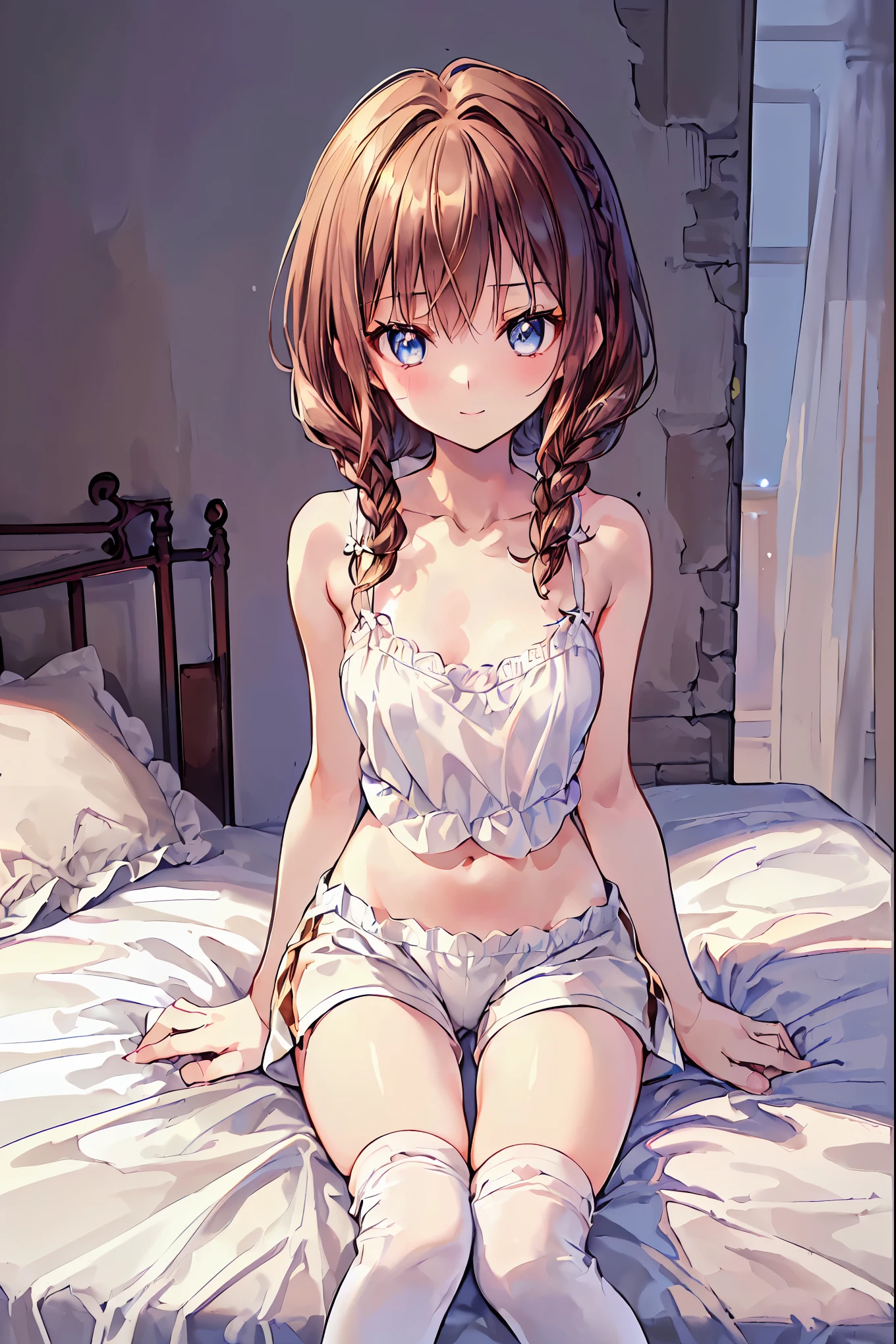   absurd,(masterpiece、  top quality、8k ),   Intricate Details  ,  very detailed bust、1 cute girl、((movie:1.4)),  Embarrassing  、(  flat chested、bulge:2.2( Brown Hair、(   white camisole ,  White Shorts 、  white knee-high socks  :1.3),  on the bed、  surrenders, Perfect Anatomy，Brown Hair，  shortcuts ，  tousled hair， short braided hair，Neat， Slender and beautiful，Correct posture， small breasts，  beautiful legs， Their enchanting gray-blue eyes shine like stars，Droopy eyes，  bright color,   beautiful eyes ,A delicate smile,textured skin,  top quality best ,   gentle and beautiful woman ,  anime style ､