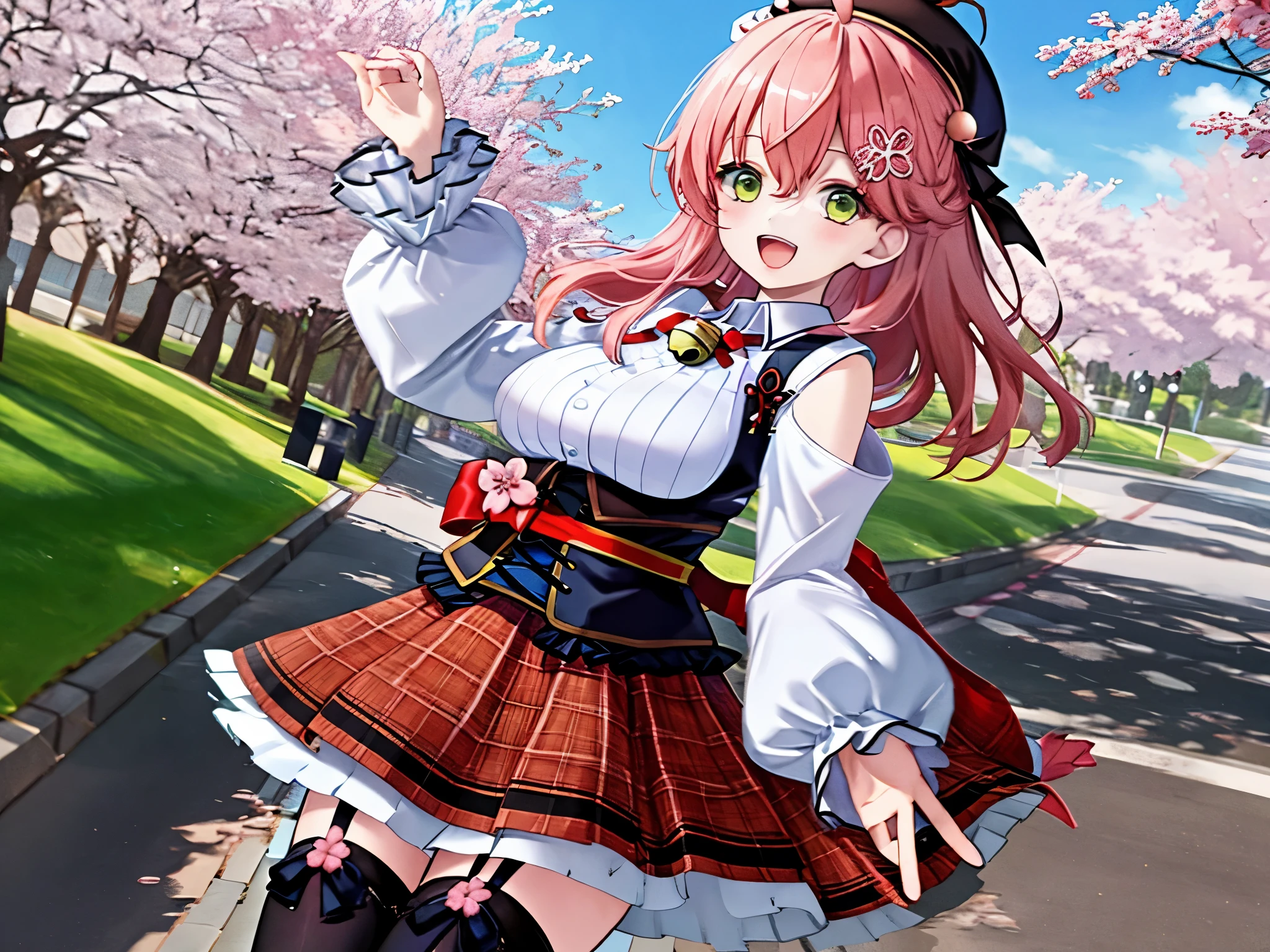 masutepiece, Best_Quality, hight_resolution, miko2,Ponytail, 1girl, Ahoge, black headwear, Hair Ornament, White shirt, black thighhighs, Pink hair, Red_skirt, very_short_skirt, plaid skirts, garter_strap, Collared shirt, hair clips, frilld, Bangs, hair between eye, frills skirt, beret, Pleated skirt, Hair Flower, Neck bell, , puffy long sleeves, Black bow, Underbust, Smile, large_breasts,covered_nipples, green_eyes, happy, dynamic_angle,apart_legs,(big_smile:1.2),plump,open_mouth,shout,half_eyes,cherryblossom_park_landscape_background,