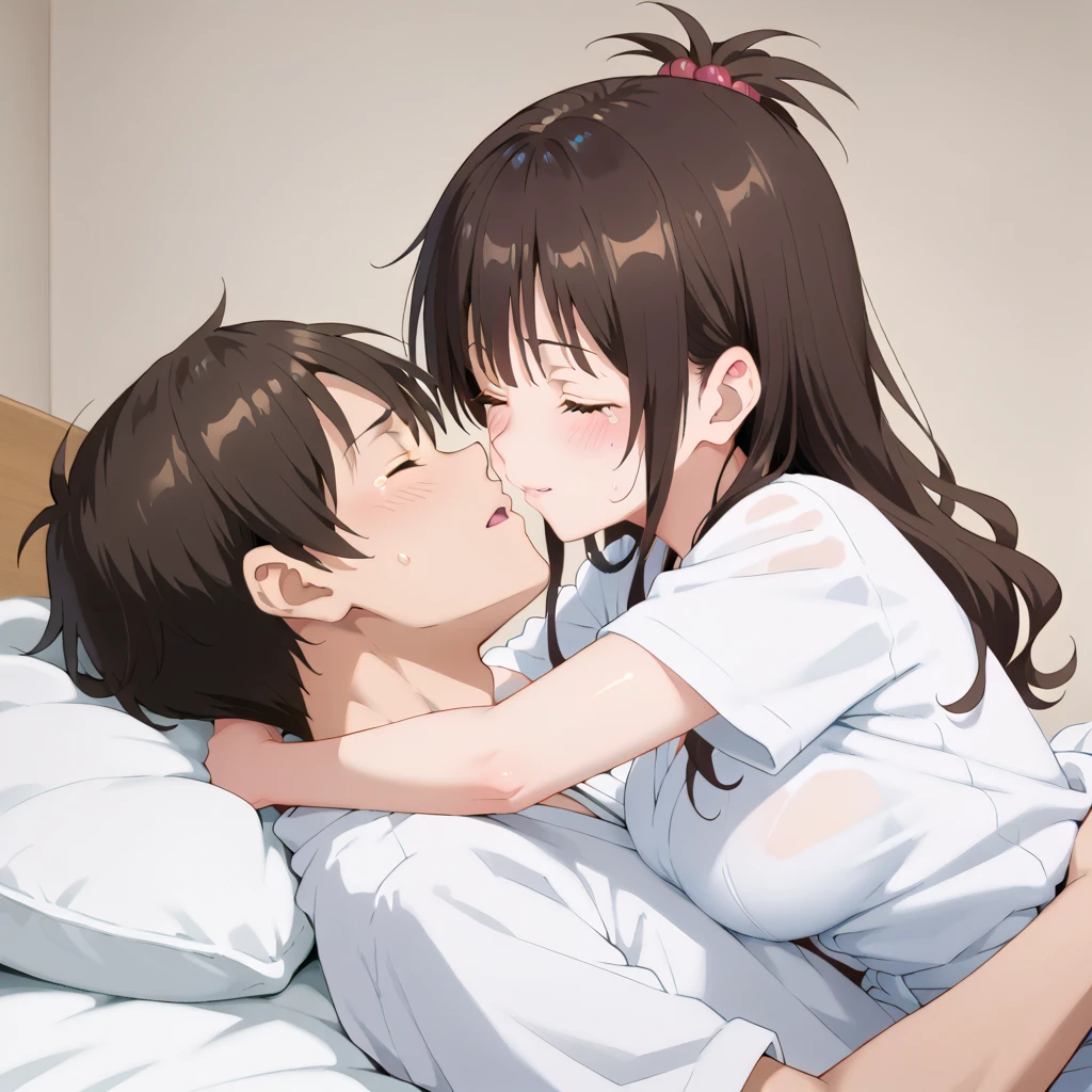  highest image quality taken by Ki、 High Quality 、(( full body shot ))girl, embarrassing, close eyes, red cheek,, white bathrobe, large breasts, dating, in dark hotel room, lie on back, bed, nsfw, orgasm, sex , man,A man is hugging a woman, throw, crying face,Face that looks like it&#39;s about to come,one eye closed,Assatis FIDE LOOK ,beautiful light of inspiration, Yukori Mitsugi,from side
