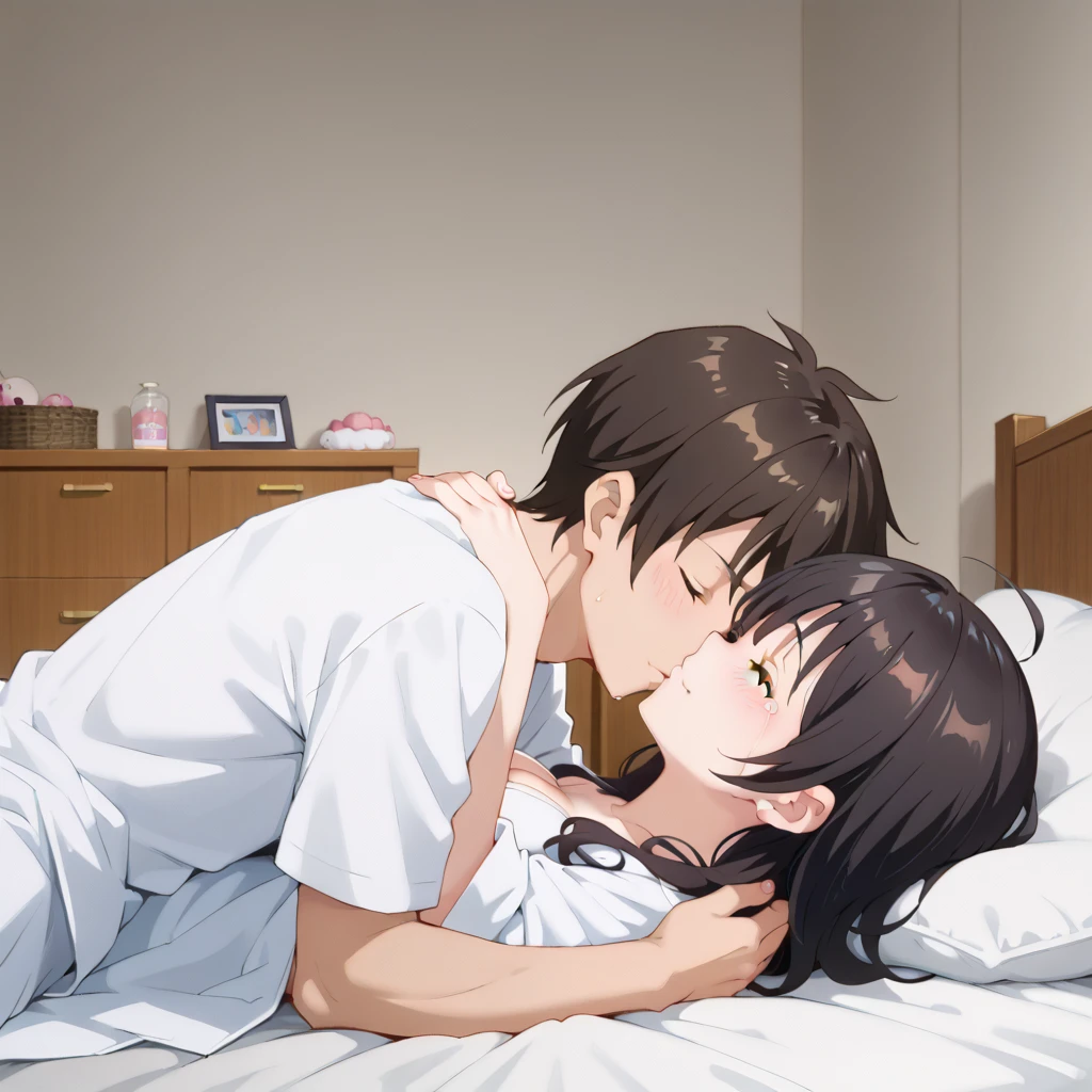  highest image quality taken by Ki、 High Quality 、(( full body shot ))girl, embarrassing, close eyes, red cheek,, white bathrobe, large breasts, dating, in dark hotel room, lie on back, bed, nsfw, orgasm, sex , man,A man is hugging a woman, throw, crying face,Face that looks like it&#39;s about to come,one eye closed,Assatis FIDE LOOK ,beautiful light of inspiration, Yukori Mitsugi,from side
