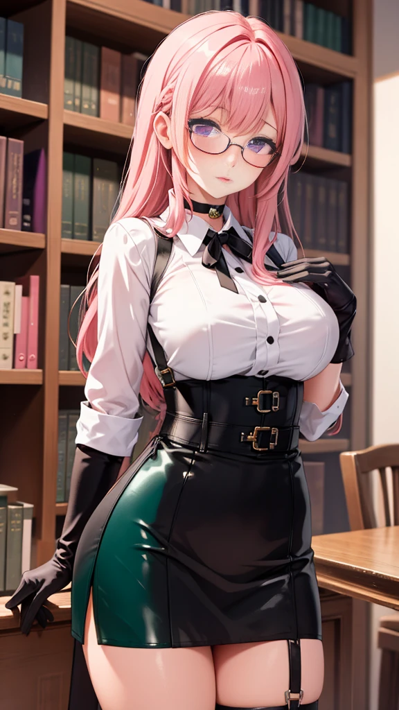 1 girl, Yanagi Tsukishiro , Alone, standing,  dynamic pose ,  beautiful breasts , sensual lips,  pink hair,  seen from the front,  looking at the spectator,  beautiful eyes ,  detailed eyes , purple eyes, simple samurai shoulder pad , glasses,  choker :1.6, ( black gloves),  shiny high waist mini skirt,  white shirt with ,  dark green neck strap,  shy expression ,  gunman shot, Gothic style library ,  dark gothic style 