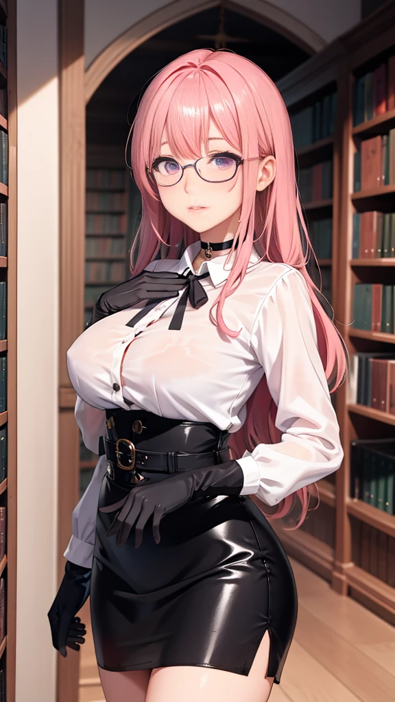 1 girl, Yanagi Tsukishiro , Alone, standing,  dynamic pose ,  beautiful breasts , sensual lips,  pink hair,  seen from the front,  looking at the spectator,  beautiful eyes ,  detailed eyes , purple eyes, simple samurai shoulder pad , glasses,  choker :1.6, ( black gloves),  shiny high waist mini skirt,  white shirt with ,  dark green neck strap,  shy expression ,  gunman shot, Gothic style library ,  dark gothic style 