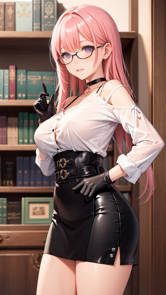 1 girl, Yanagi Tsukishiro , Alone, standing,  dynamic pose ,  beautiful breasts , sensual lips,  pink hair,  seen from the front,  looking at the spectator,  beautiful eyes ,  detailed eyes , purple eyes, simple samurai shoulder pad , glasses,  choker :1.6, ( black gloves),  shiny high waist mini skirt,  white shirt with ,  dark green neck strap,  shy expression ,  gunman shot, Gothic style library ,  dark gothic style 