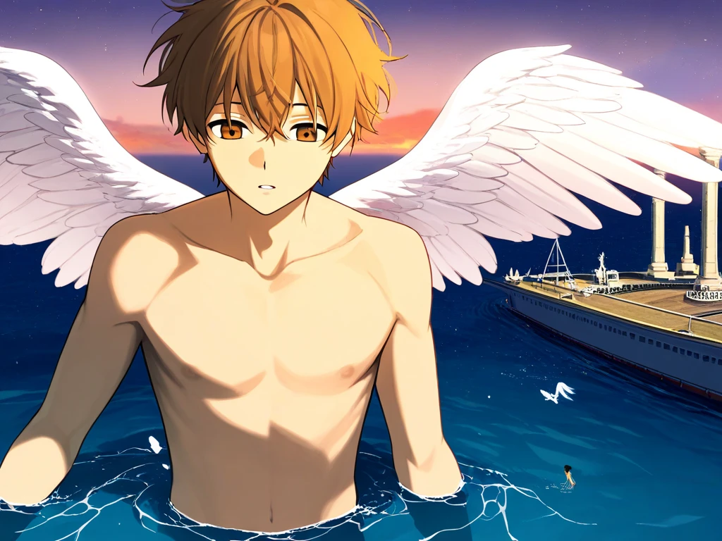 anime,1boy,angel,angel wings,giant,36 meter tall,swimming in the port sea,shirtless,open eyes,nude,naked