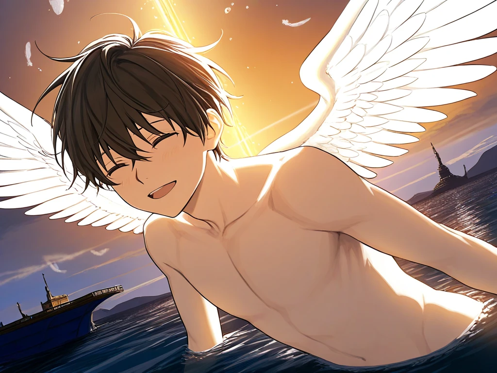 anime,1boy,angel,angel wings,giant,36 meter tall,swimming in the port sea,shirtless,open eyes,nude,naked