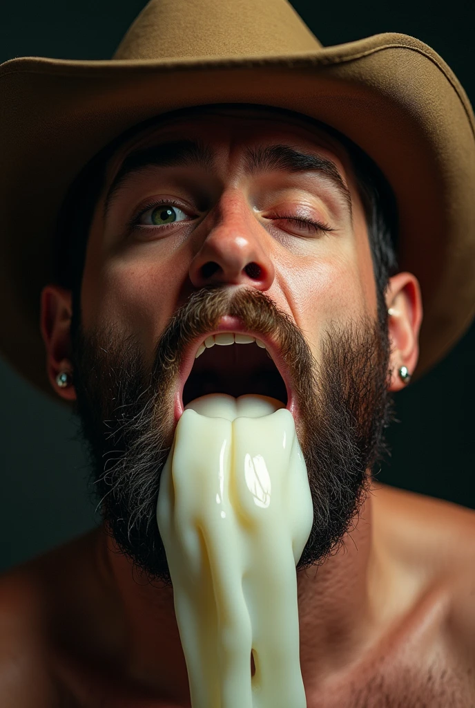 A hot naked smiling Jesus got sprayed at with a white slimy and sticky substance that drips down and covers his face and chest. He is also holding a black long and thick stick in his right hand, at its end two round balls 
