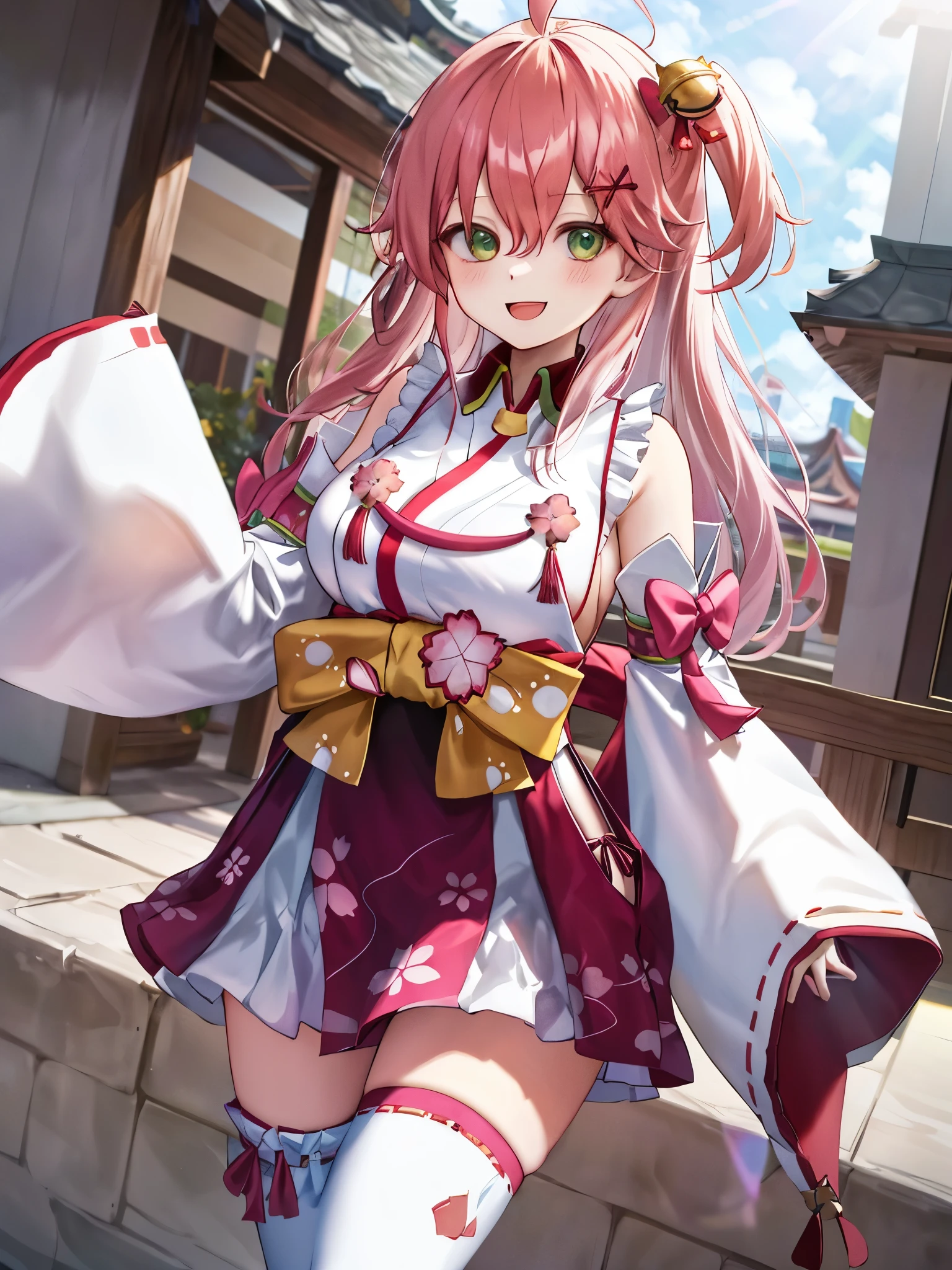 masterpiece, best quality, 1 girl, solo, miko1, sakura miko, 1girl, green eyes, solo, ahoge, x hair ornament, pink hair, single thighhigh, sideboob, hairclip, hair bell, floral print, long hair, hair between eyes, one side up, white thighhighs, asymmetrical legwear, wide sleeves,  looking through legs, full body,