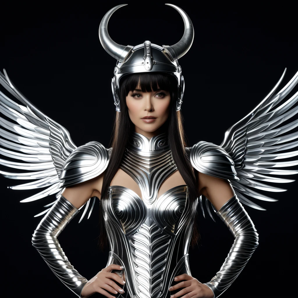  A woman with long dark hair and bangs wearing an intricate dress , silver, metallic and sculpted ,  that resembles a skeletal structure or exoskeleton with winglike bumps,  She has a metallic helmet that resembles horns or wings ,  and metallic armpieces .  She is posing against a black background  .  The overall aesthetic is futuristic ,  avant-garde and supernatural .
 undefined, undefined, undefined, undefined, undefined, undefined, 