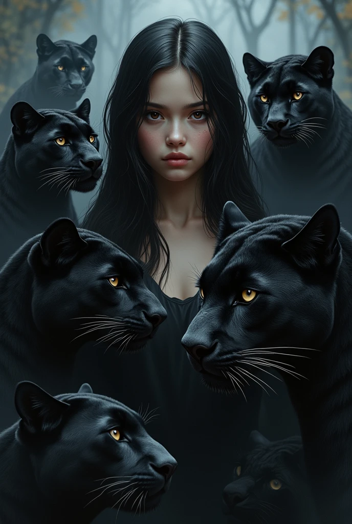 A girl with long straight black hair without bangs and thousand-colored eyes with black panthers on each side of the girl and the background of the image that is the flag of the country Colombia and that looks complete