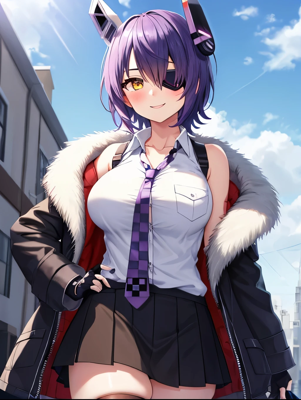 best quality, masterpiece, solo, {tenryuu_kantaicollection:1.15}, teen_girl, eyepatch, short_hair, purple_hair, yellow_eyes, headgear, breasts, necktie, large_breasts, smile, 1girl, blush, checkered_necktie, hair_over_one_eye, shirt, collared_shirt, white_shirt, jacket, sleeveless, brown_eyes, fur-trimmed_jacket, fur_trim, collarbone, looking_at_viewer, pocket, breast_pocket, ,, messy_hair, black_gloves, gloves, partially_fingerless_gloves,harbor_road_landscape_background,outdoor,short_skirt,thigh-highs,boots,sunlight,from_below