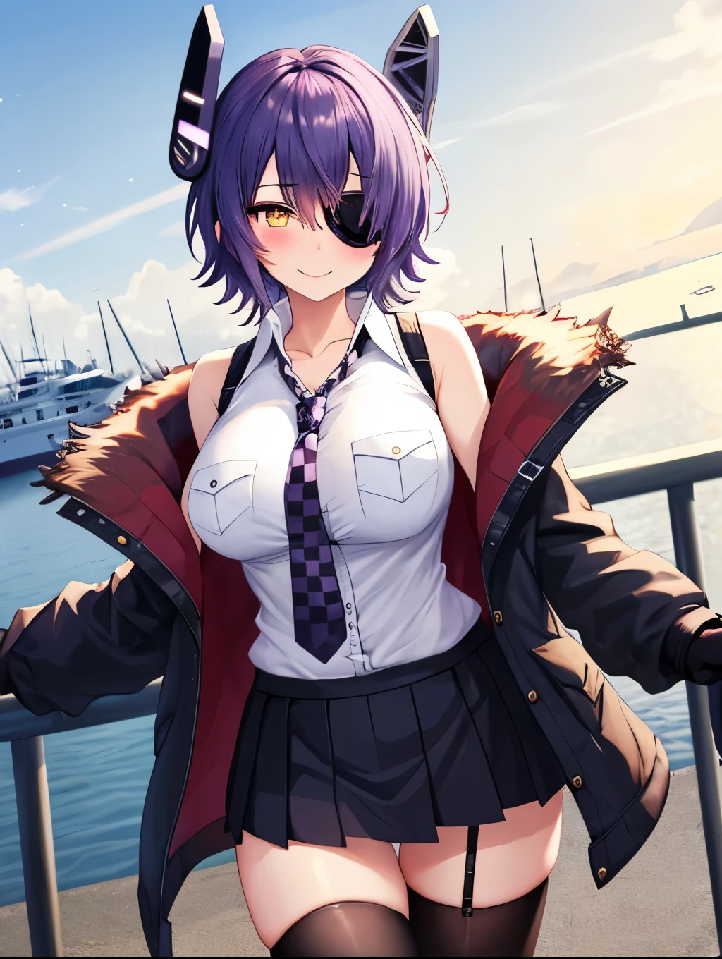 best quality, masterpiece, solo, {tenryuu_kantaicollection:1.15}, teen_girl, eyepatch, short_hair, purple_hair, yellow_eyes, headgear, breasts, necktie, large_breasts, smile, 1girl, blush, checkered_necktie, hair_over_one_eye, shirt, collared_shirt, white_shirt, jacket, sleeveless, brown_eyes, fur-trimmed_jacket, fur_trim, collarbone, looking_at_viewer, pocket, breast_pocket, ,, messy_hair, black_gloves, gloves, partially_fingerless_gloves,harbor_road_landscape_background,outdoor,short_skirt,thigh-highs,boots,sunlight,from_below