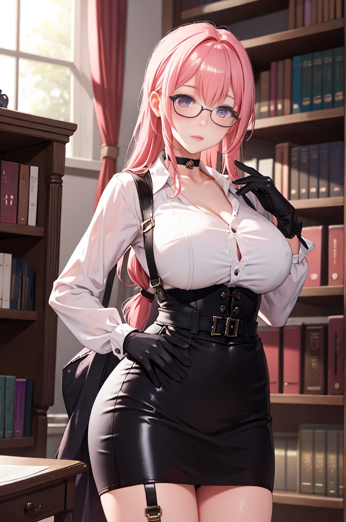 1 girl, Yanagi Tsukishiro , Alone, standing,  dynamic pose ,  beautiful breasts , sensual lips,  pink hair,  seen from the front,  looking at the spectator,  beautiful eyes ,  detailed eyes , purple eyes, simple samurai shoulder pad , glasses,  choker :1.6, ( black gloves),  shiny high waist mini skirt,  white shirt with ,  dark green neck strap,  shy expression ,  gunman shot, Gothic style library ,  dark gothic style 