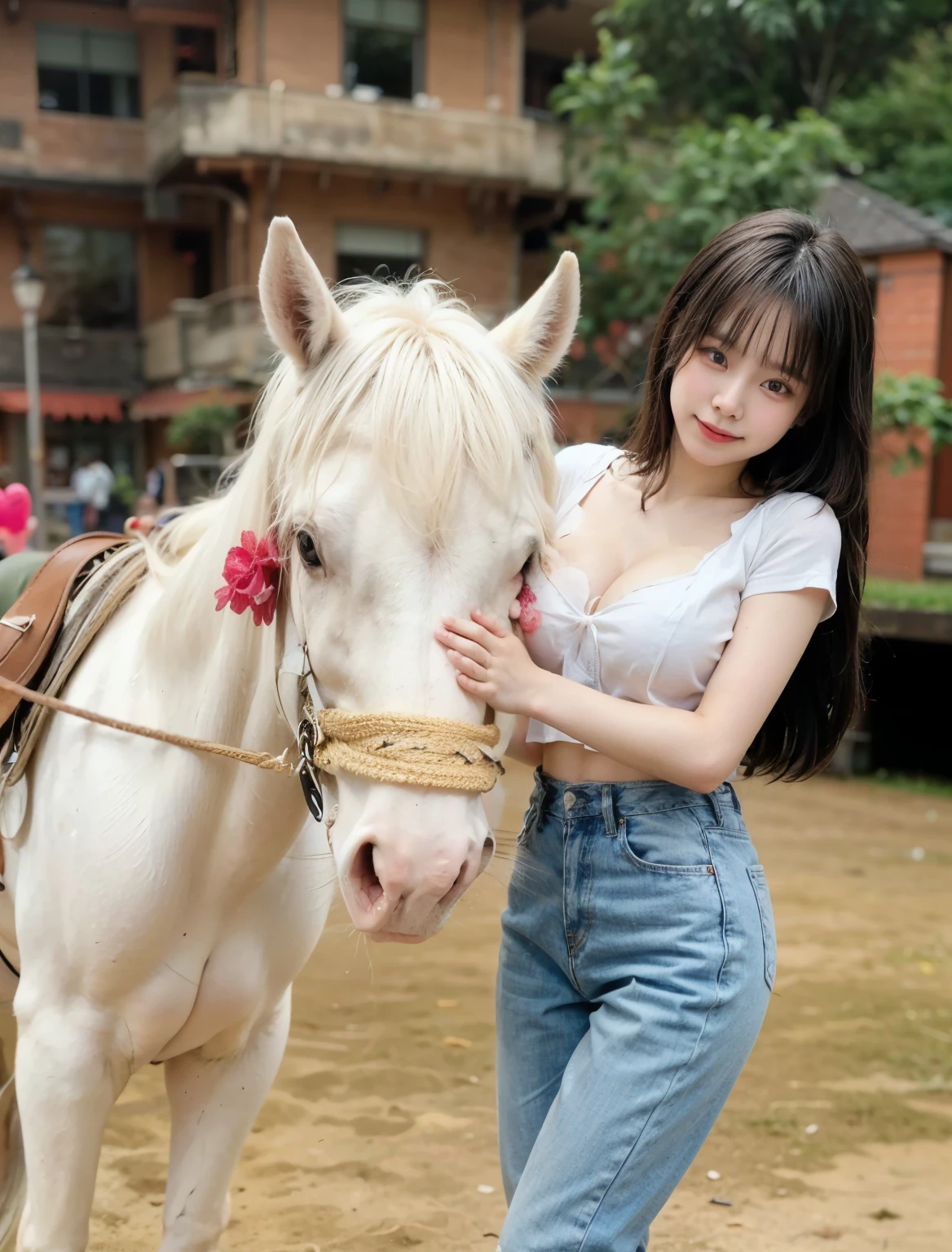 1 Girl, Beautiful, Baby Face, 20 Years Old, White Skin, Colossal Chest, Sleeveless, Cleavage, Animal Handler Outfit, Riding a Beast Animal, Home Outdoor Background, Silver Straight Hair, ((adorable:1.3)), ((masterpiece:1.1)), ((wind:1.3))