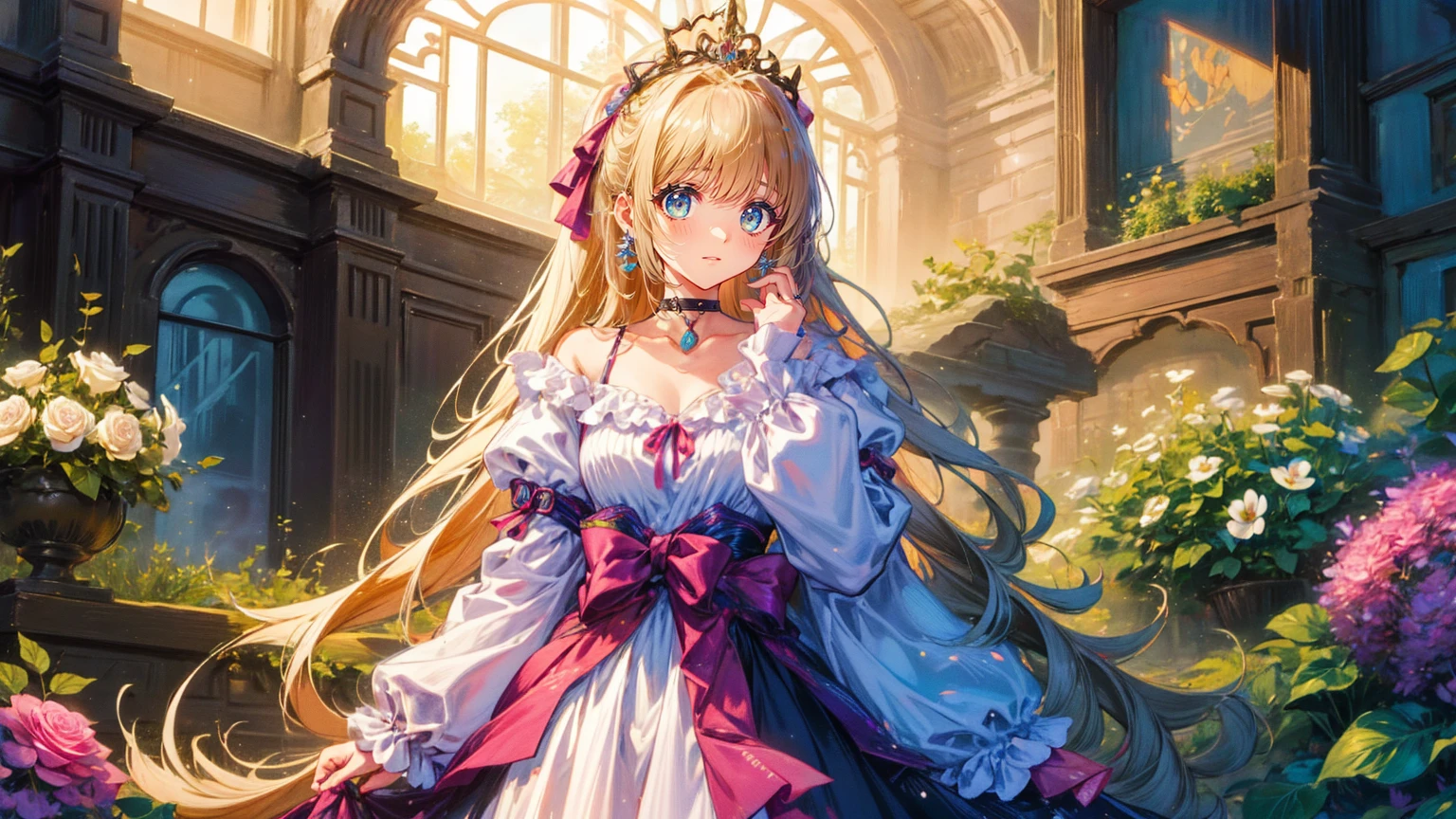 photo realistic, (masterpiece,best quality:1.4),(8k,raw photo,photo realistic:1.2), detailed skin, detailed face,1girl, Princess, cute face, , Not Safe for Work, (raw photo, photo realistic: 1.2), (((half updo))), blue eyes, (blonde hair), light smile, shiny wavy hair, sidelock, curtsey, (Pink ballgown), Pink Princess doress, shortsleeves, a smile, red blush, Doress, Hair Between Eyes, Puffy Sleeves, Bangss, (tiara), (necklace), (bridal gauntlets), foot out of frame, frilld, : q, masterpiece, top-quality, not safe for work, 14-yo, braided bangs, pastel color, rainbow-colored background,
