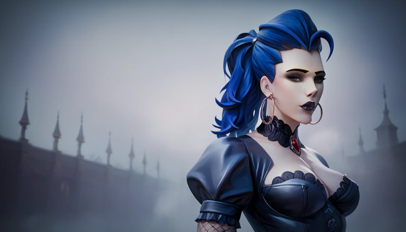 Amalia (widow) from Overwatch  ,  with blue hair ,   realistic,   high quality photo, detail ,   masterpiece fails , ,  flashlight, in tight clothes, wearing a black Gothic dress from the Victorian era, against the background of skeletons,  fog  